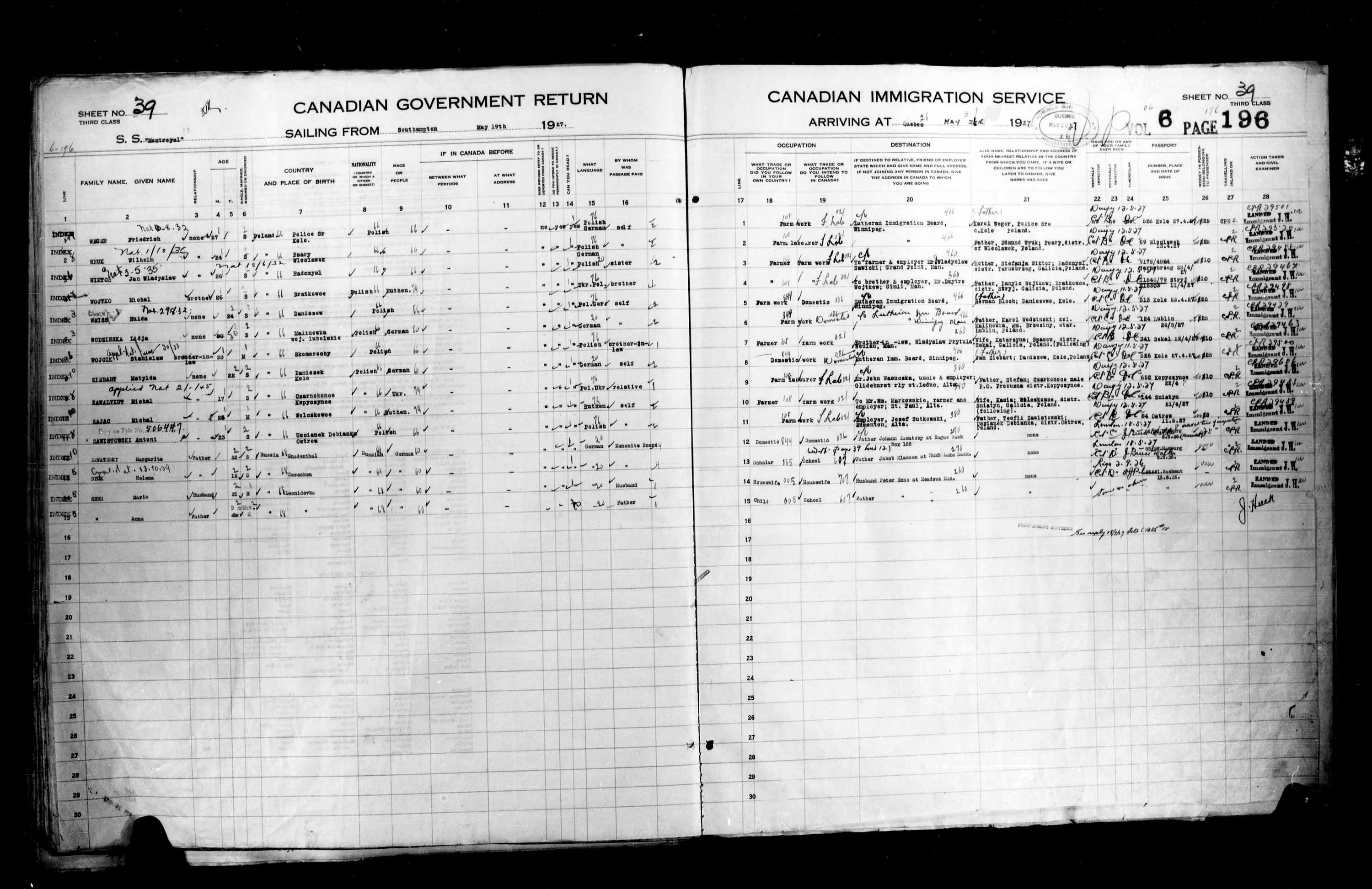 Titre : Listes de passagers : Ville de Qubec (1925-1935) - N d'enregistrement Mikan : 178851 - Microforme : t-14733