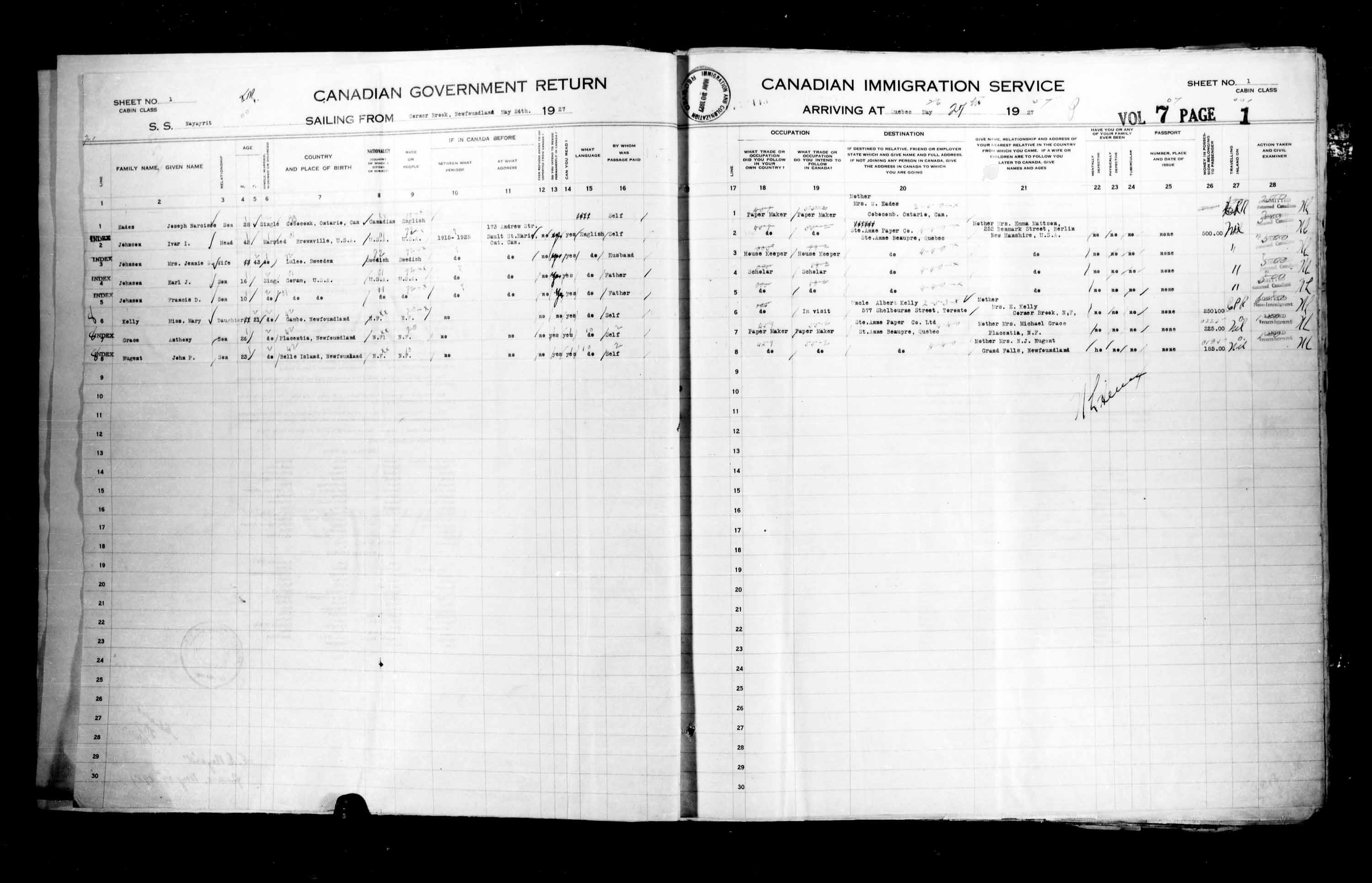 Titre : Listes de passagers : Ville de Qubec (1925-1935) - N d'enregistrement Mikan : 178851 - Microforme : t-14733