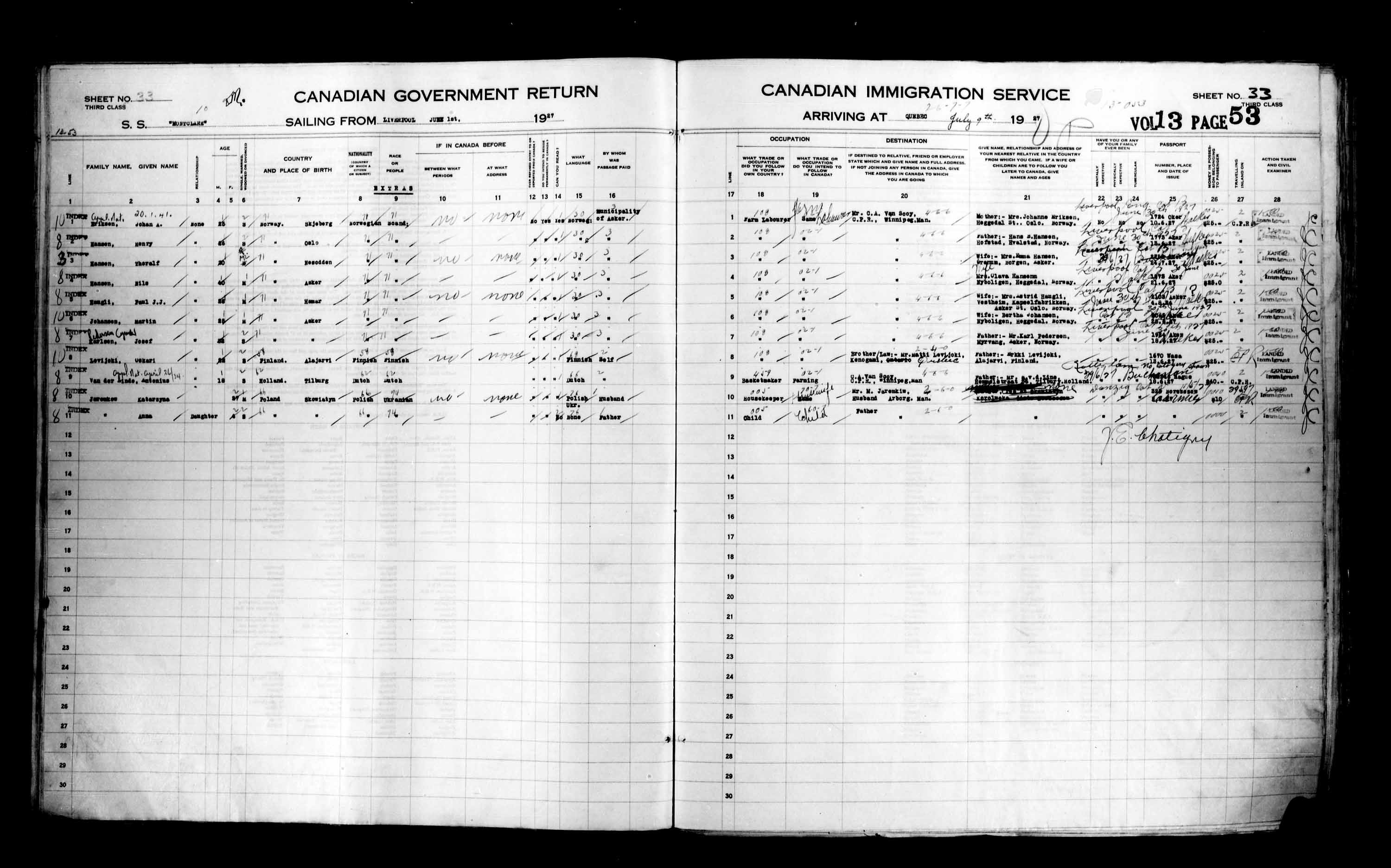 Titre : Listes de passagers : Ville de Québec (1925-1935) - N° d'enregistrement Mikan : 178851 - Microforme : t-14735
