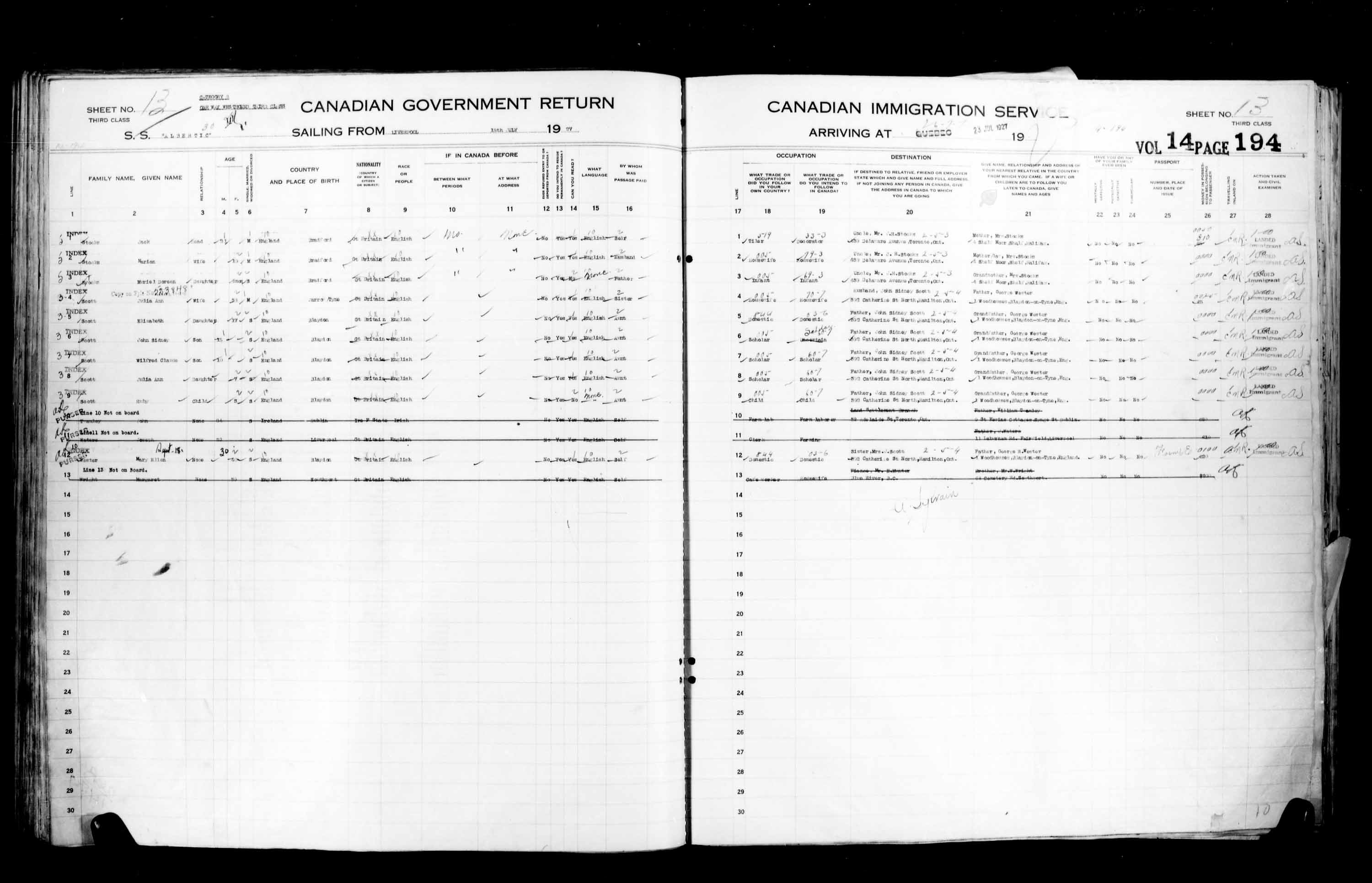 Title: Passenger Lists: Quebec City (1925-1935) - Mikan Number: 134839 - Microform: t-14735