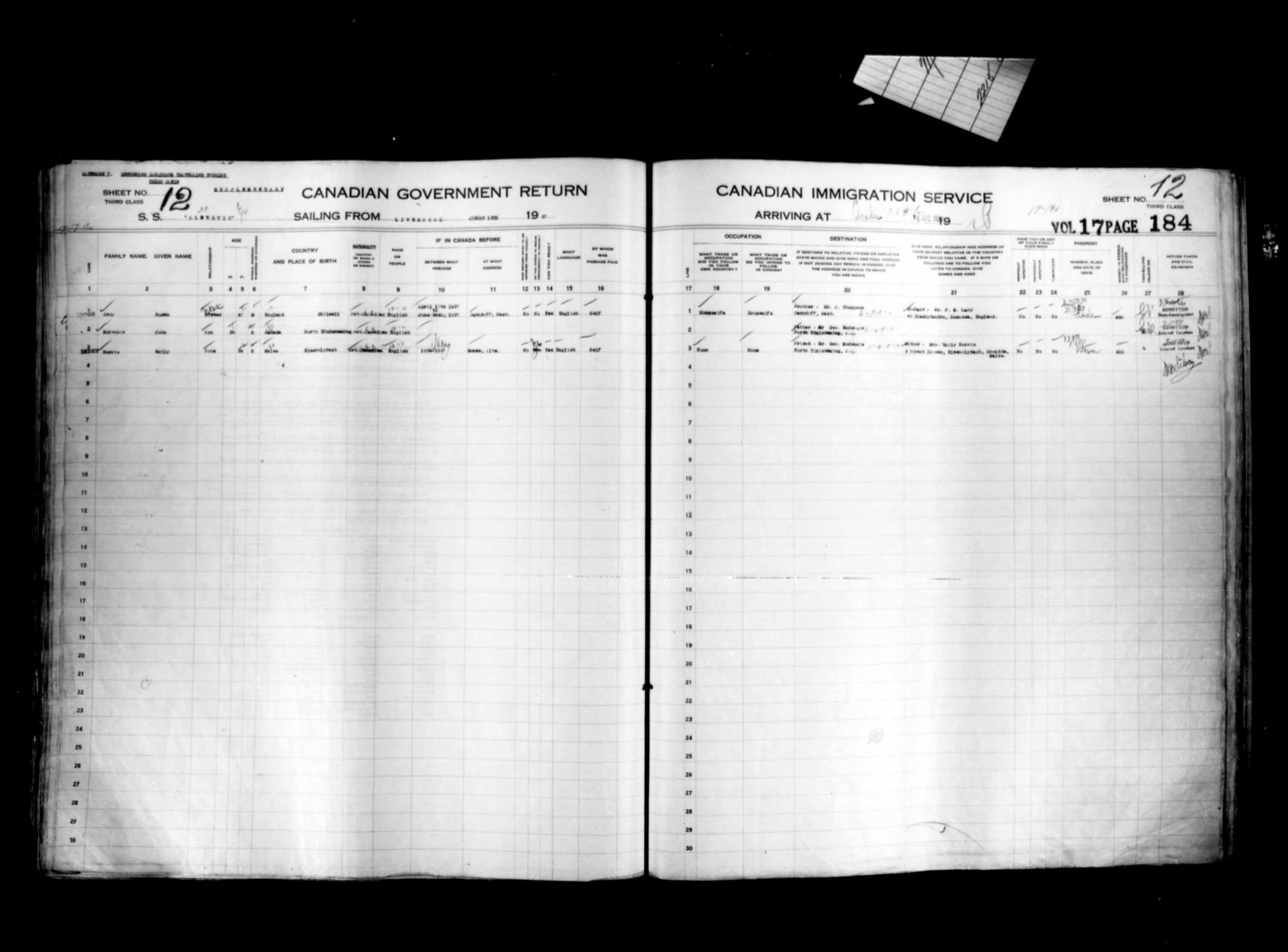 Titre : Listes de passagers : Ville de Qubec (1925-1935) - N d'enregistrement Mikan : 178851 - Microforme : t-14737