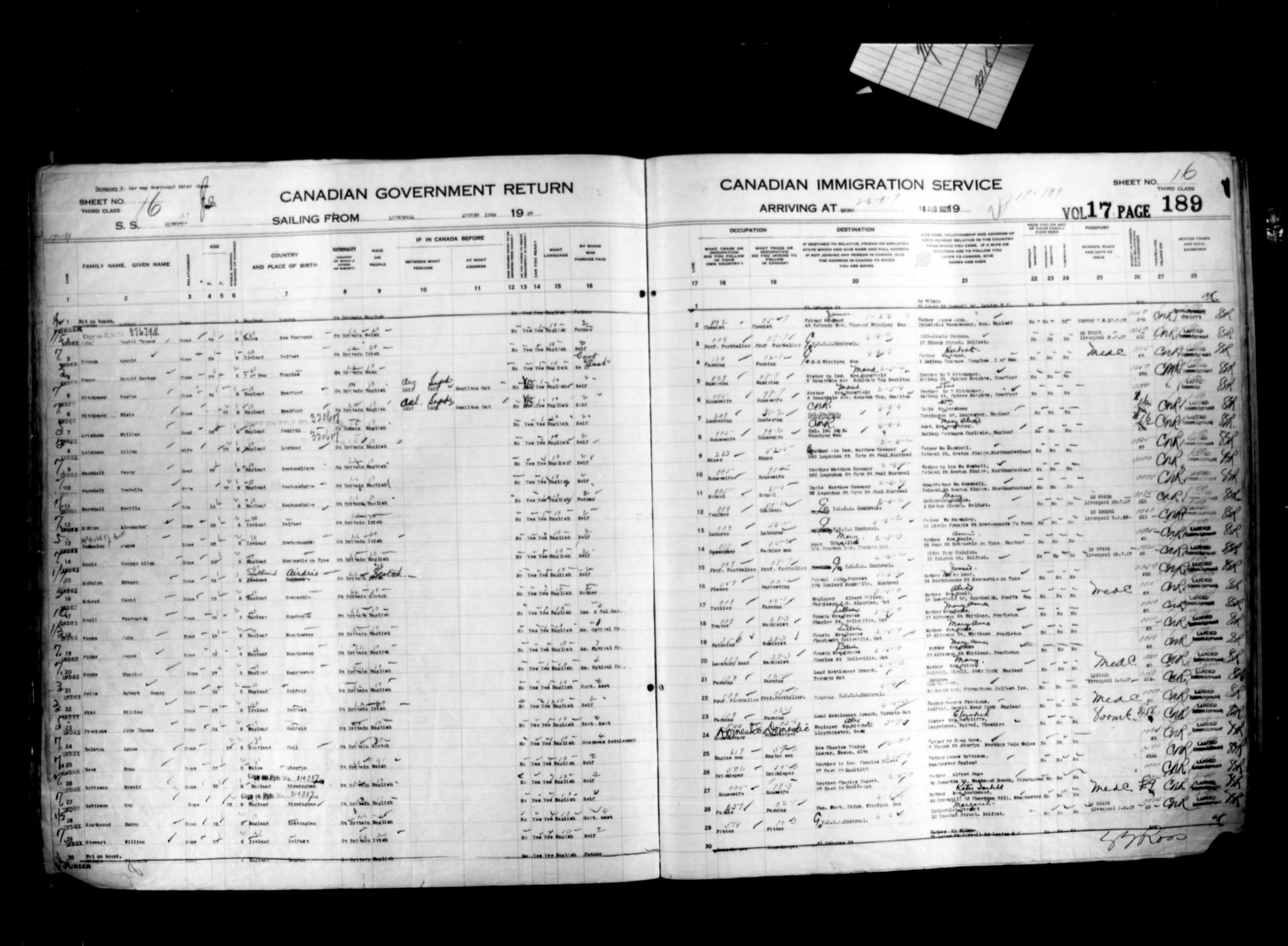 Titre : Listes de passagers : Ville de Qubec (1925-1935) - N d'enregistrement Mikan : 178851 - Microforme : t-14737