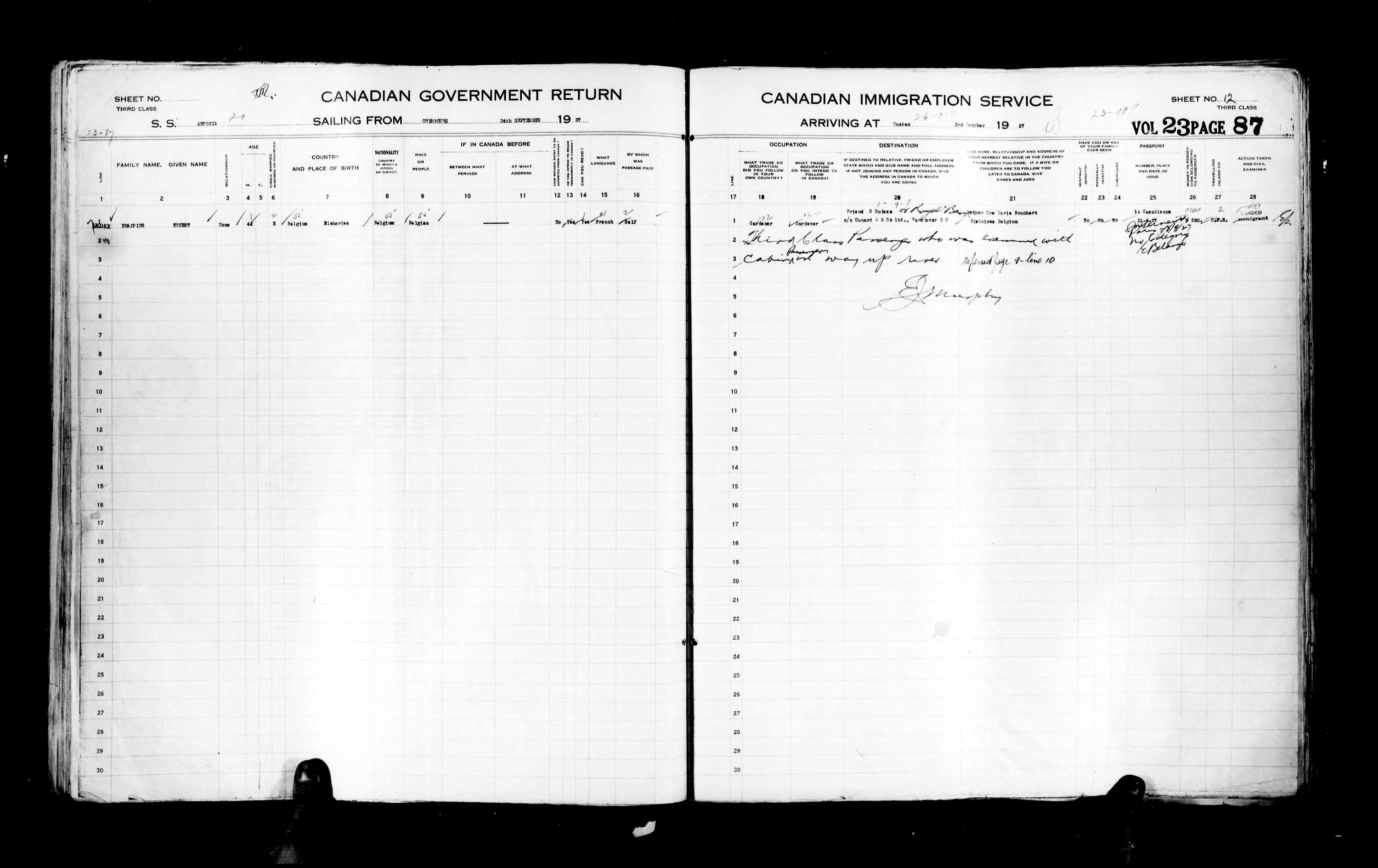 Titre : Listes de passagers : Ville de Qubec (1925-1935) - N d'enregistrement Mikan : 178851 - Microforme : t-14738