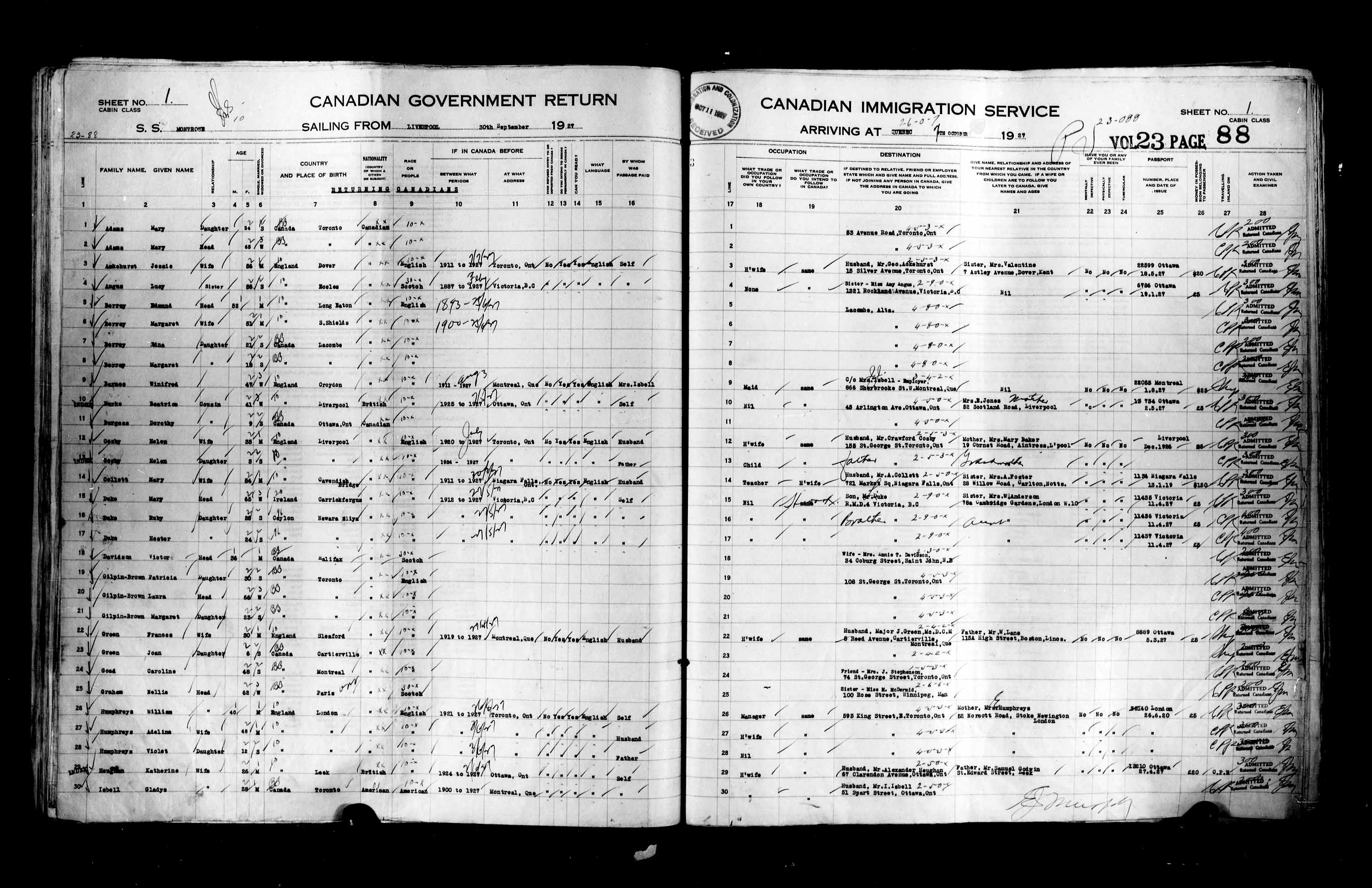 Titre : Listes de passagers : Ville de Qubec (1925-1935) - N d'enregistrement Mikan : 178851 - Microforme : t-14738