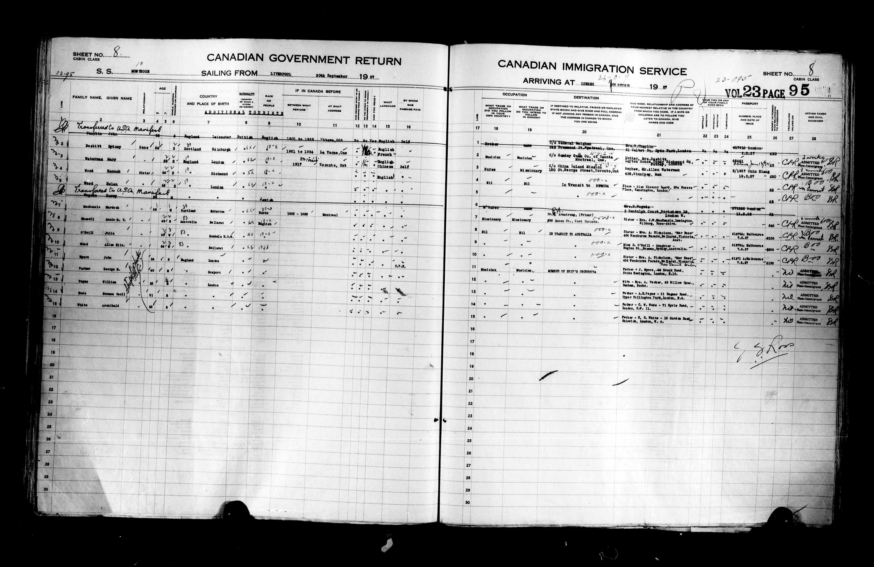 Title: Passenger Lists: Quebec City (1925-1935) - Mikan Number: 134839 - Microform: t-14739