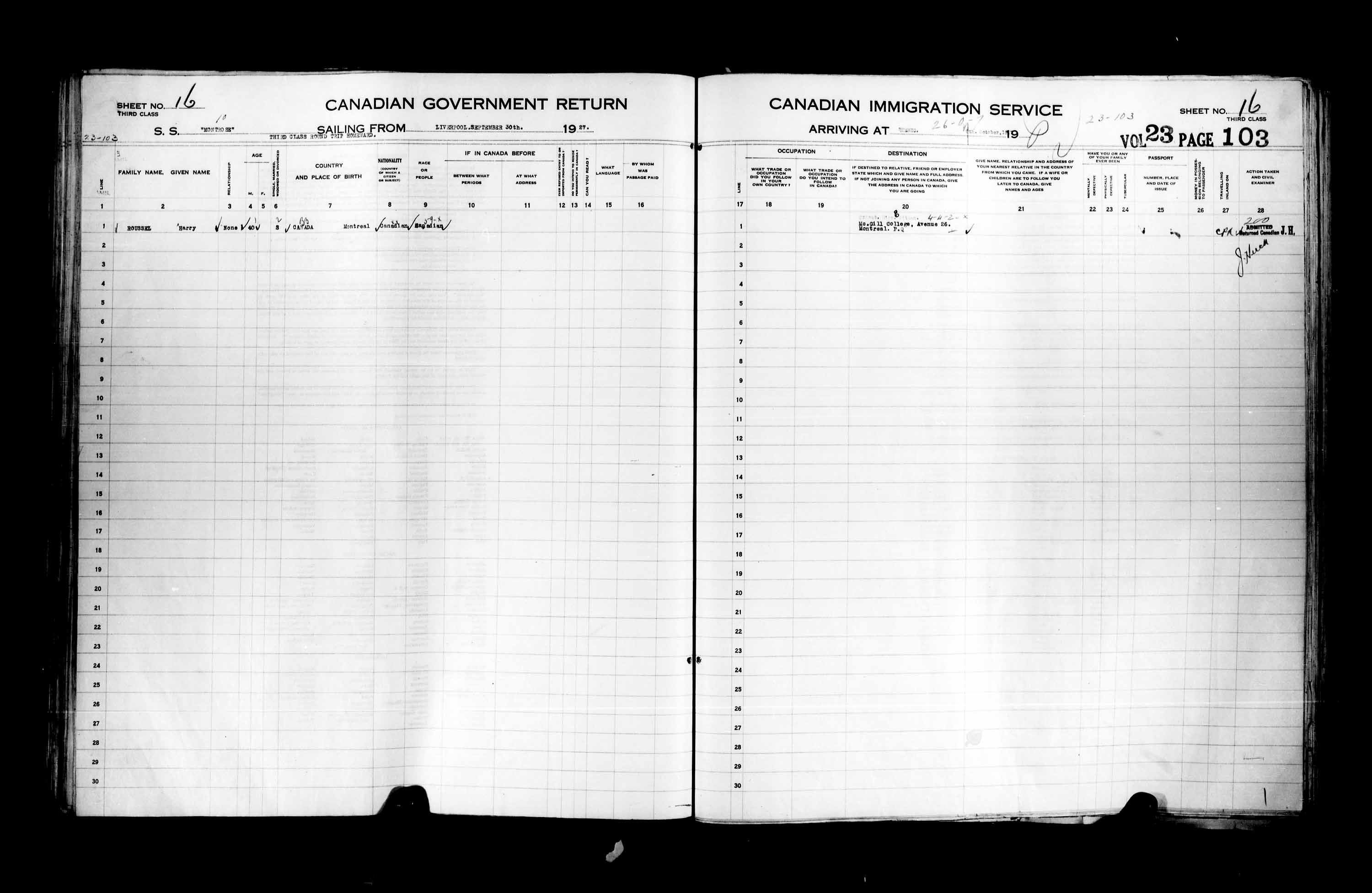 Titre : Listes de passagers : Ville de Qubec (1925-1935) - N d'enregistrement Mikan : 178851 - Microforme : t-14739
