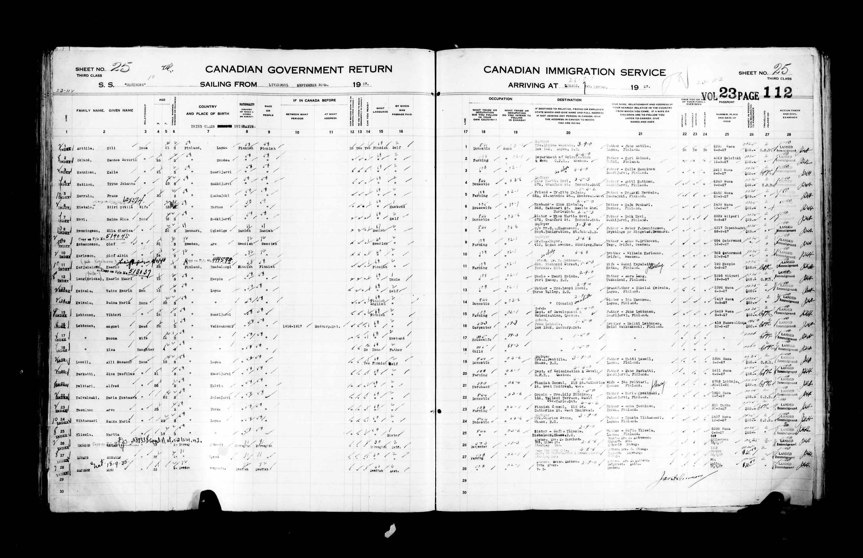 Titre : Listes de passagers : Ville de Qubec (1925-1935) - N d'enregistrement Mikan : 178851 - Microforme : t-14739