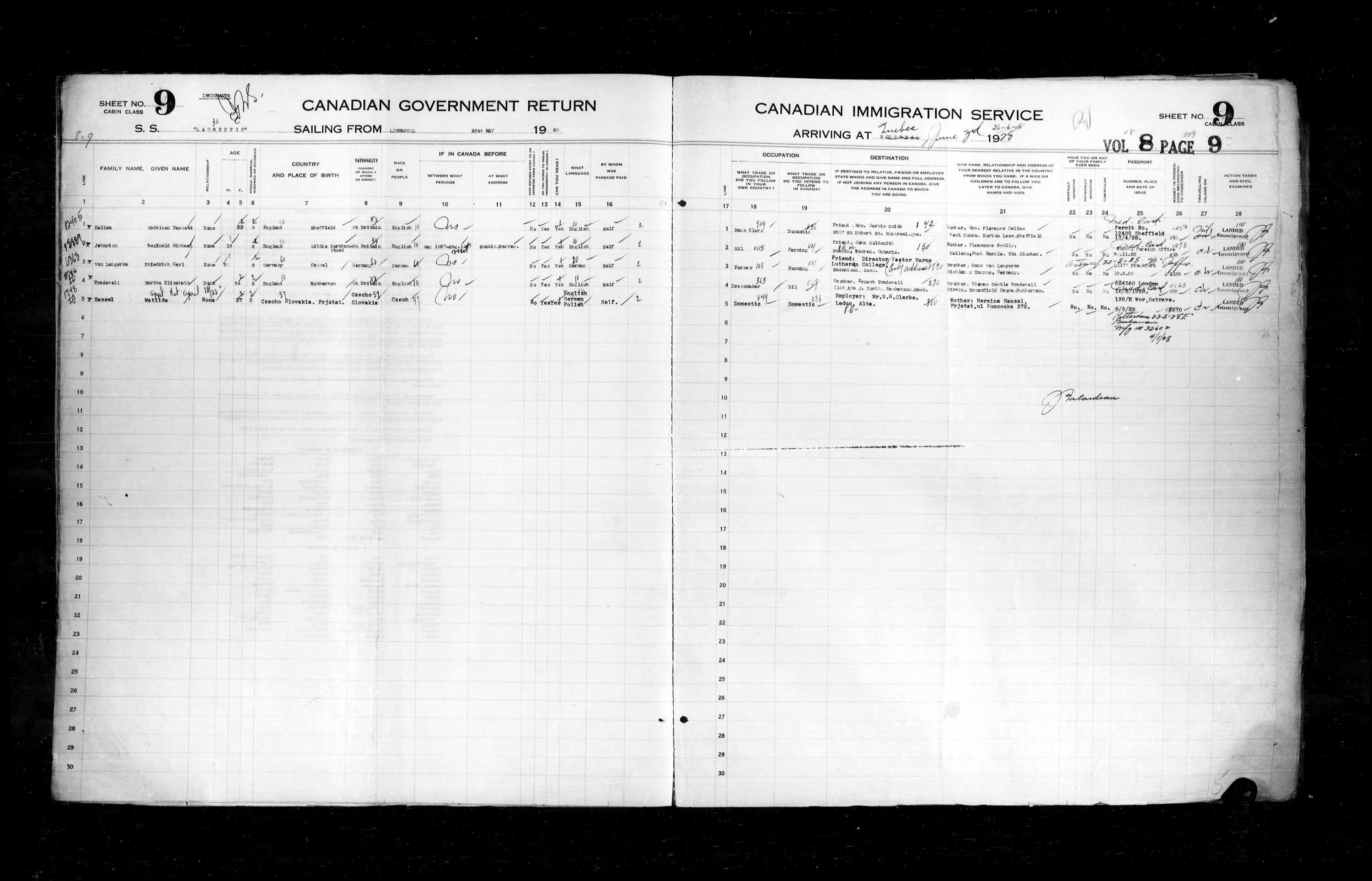Titre : Listes de passagers : Ville de Qubec (1925-1935) - N d'enregistrement Mikan : 178851 - Microforme : t-14743