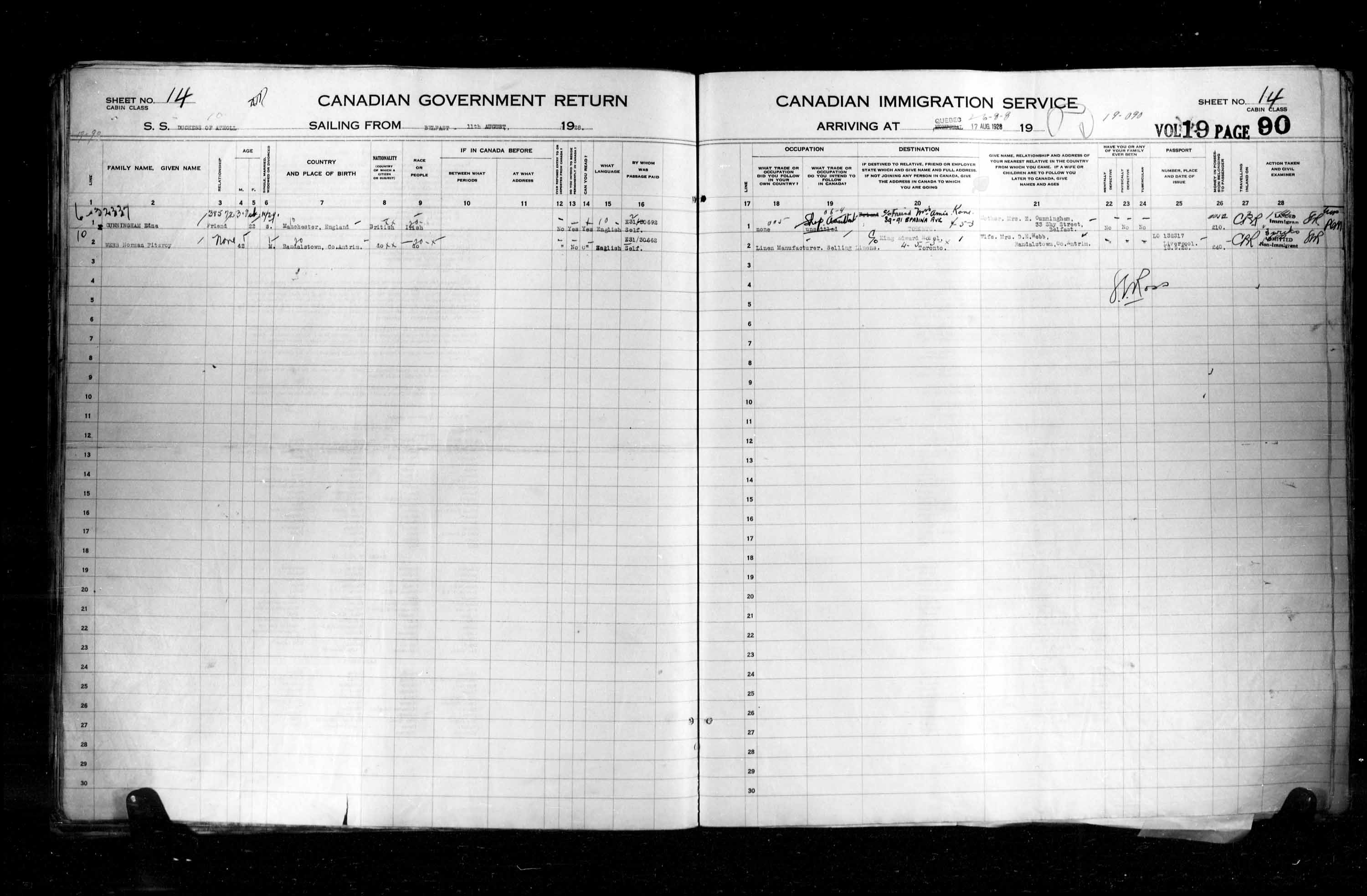Titre : Listes de passagers : Ville de Qubec (1925-1935) - N d'enregistrement Mikan : 178851 - Microforme : t-14746
