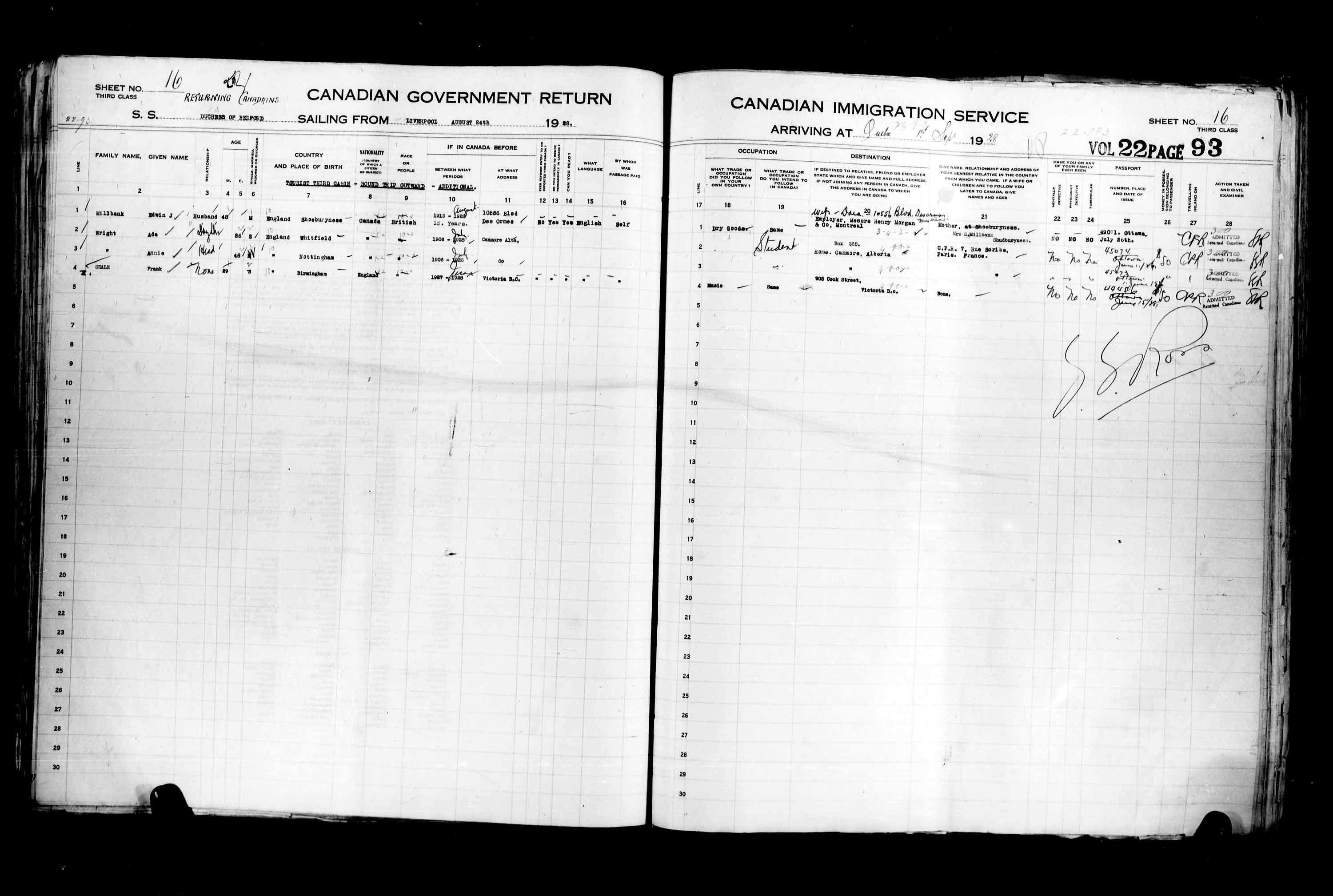 Titre : Listes de passagers : Ville de Qubec (1925-1935) - N d'enregistrement Mikan : 178851 - Microforme : t-14747