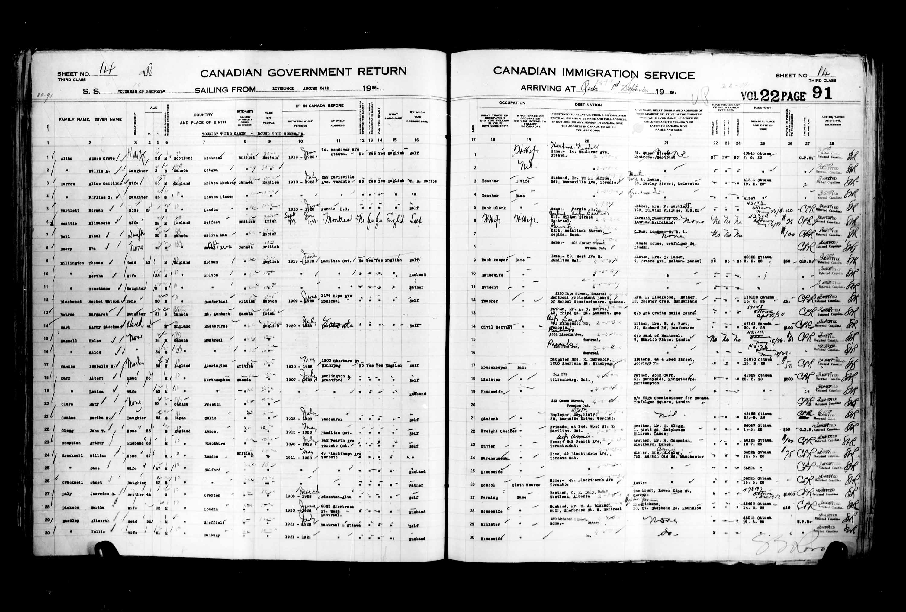 Titre : Listes de passagers : Ville de Qubec (1925-1935) - N d'enregistrement Mikan : 178851 - Microforme : t-14747