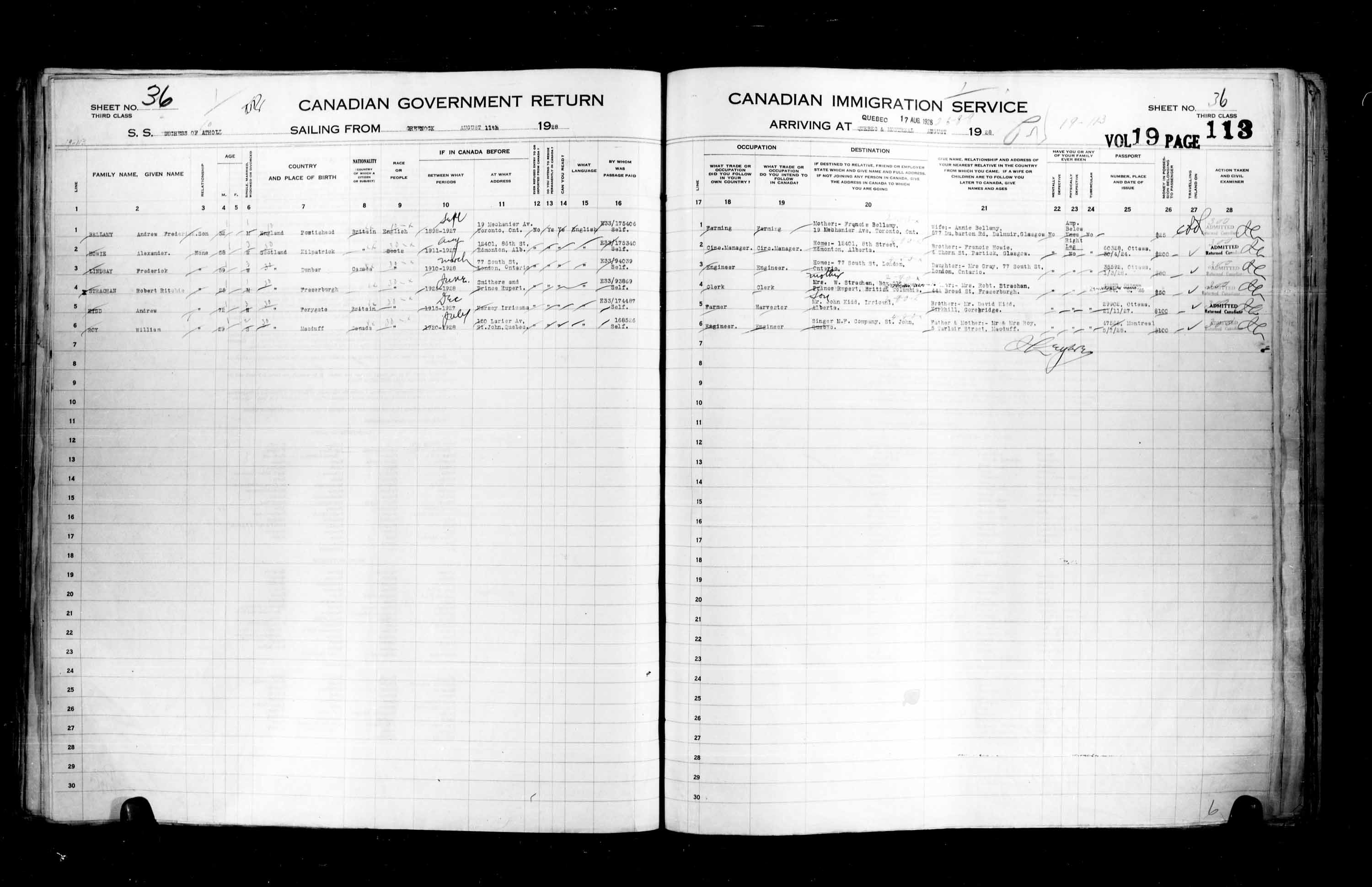 Titre : Listes de passagers : Ville de Qubec (1925-1935) - N d'enregistrement Mikan : 178851 - Microforme : t-14747