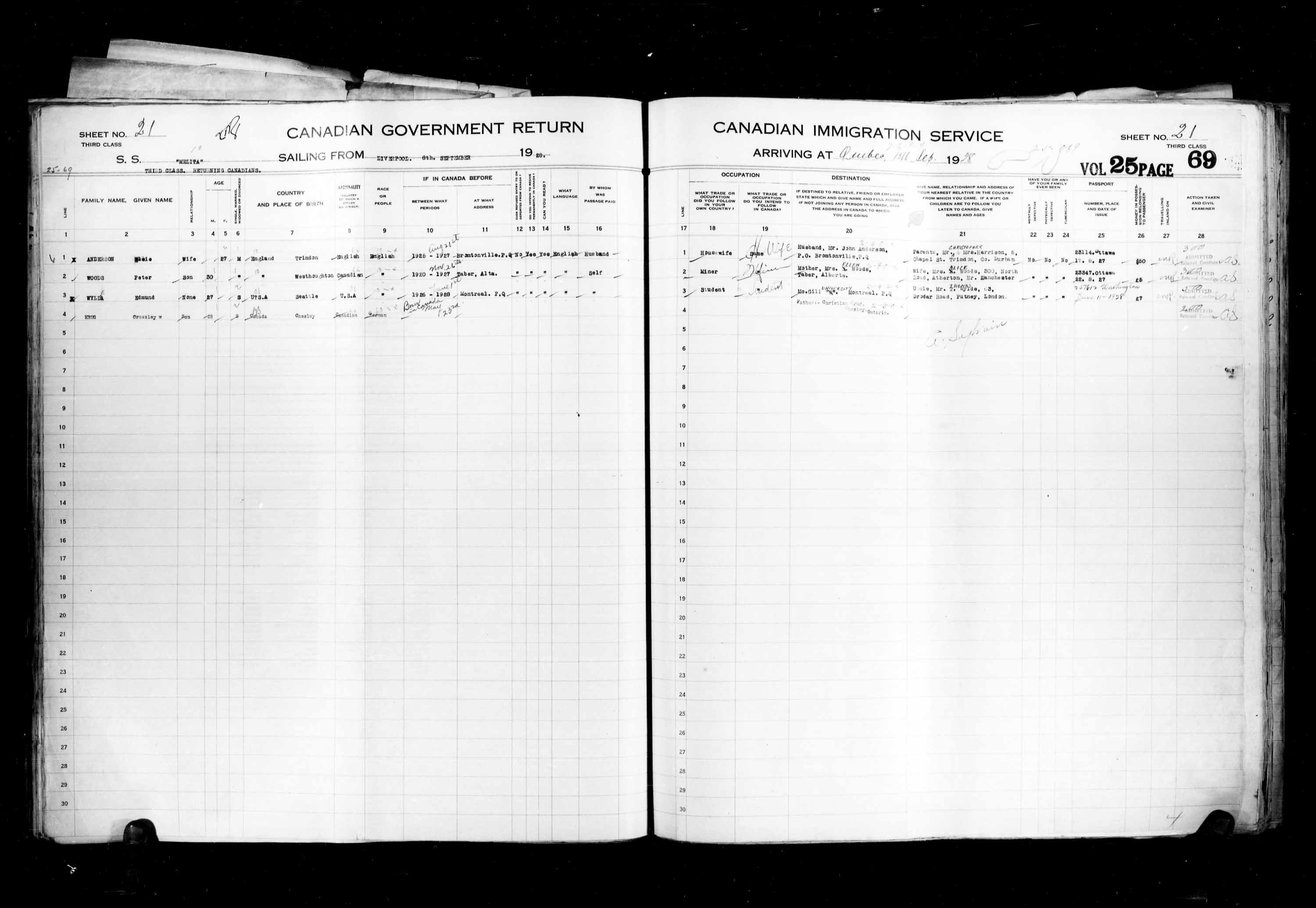 Title: Passenger Lists: Quebec City (1925-1935) - Mikan Number: 134839 - Microform: t-14749