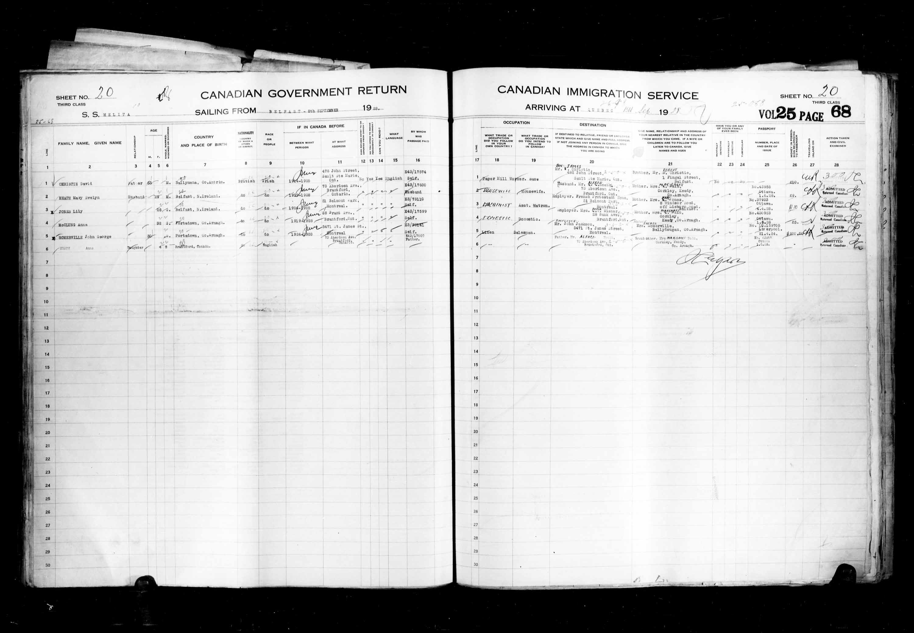 Titre : Listes de passagers : Ville de Qubec (1925-1935) - N d'enregistrement Mikan : 178851 - Microforme : t-14749
