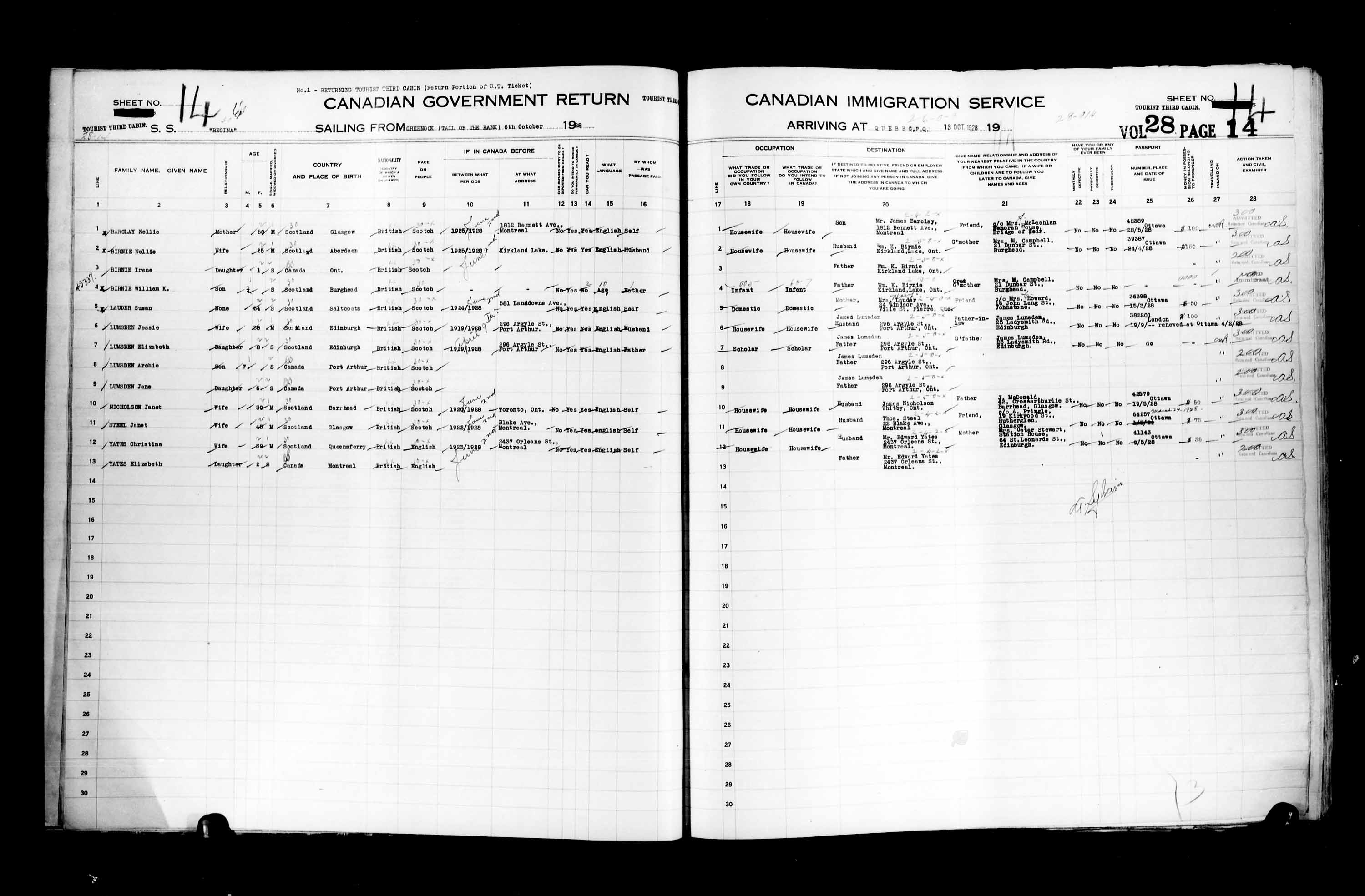 Titre : Listes de passagers : Ville de Qubec (1925-1935) - N d'enregistrement Mikan : 178851 - Microforme : t-14750