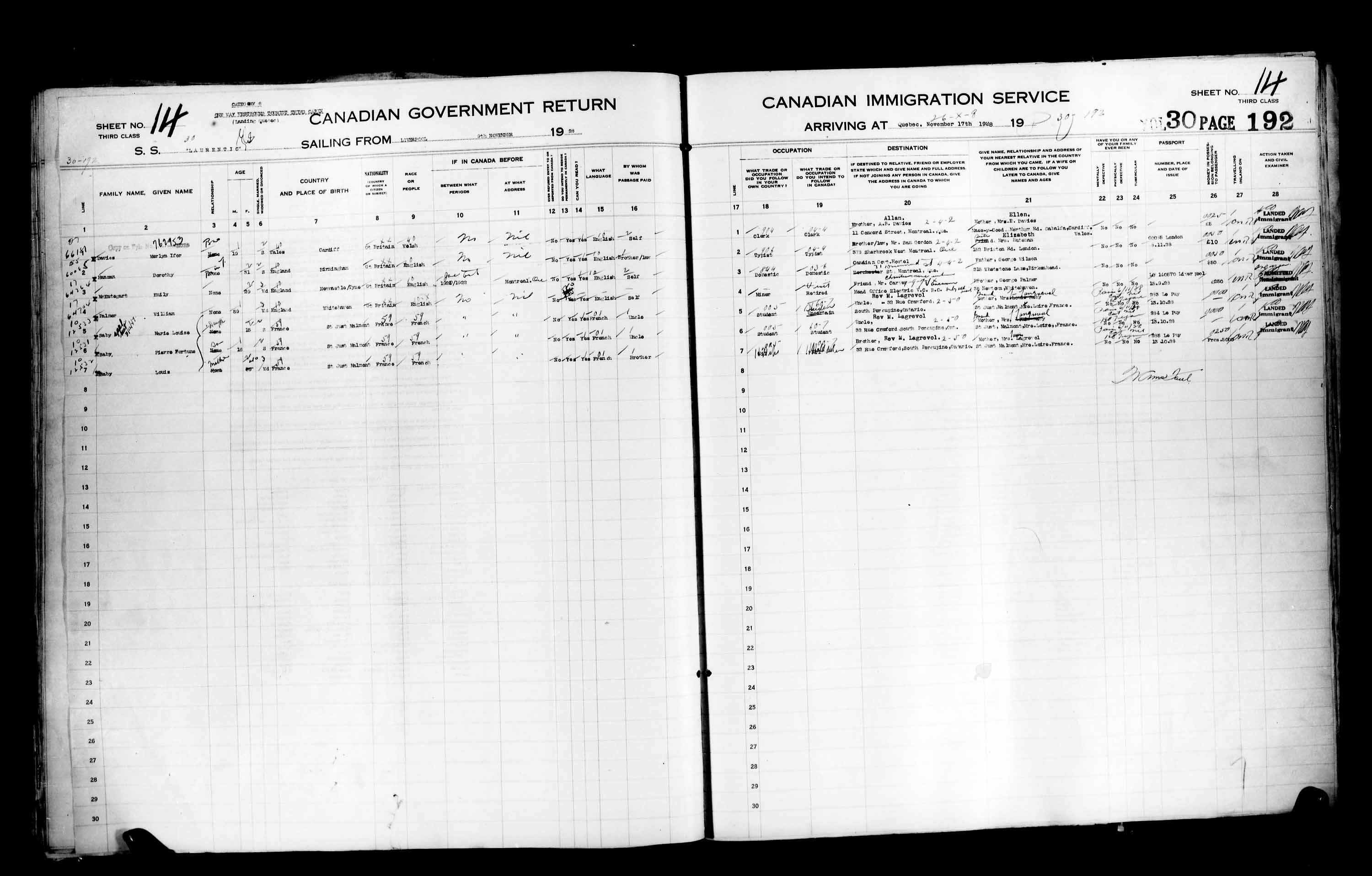 Title: Passenger Lists: Quebec City (1925-1935) - Mikan Number: 134839 - Microform: t-14750