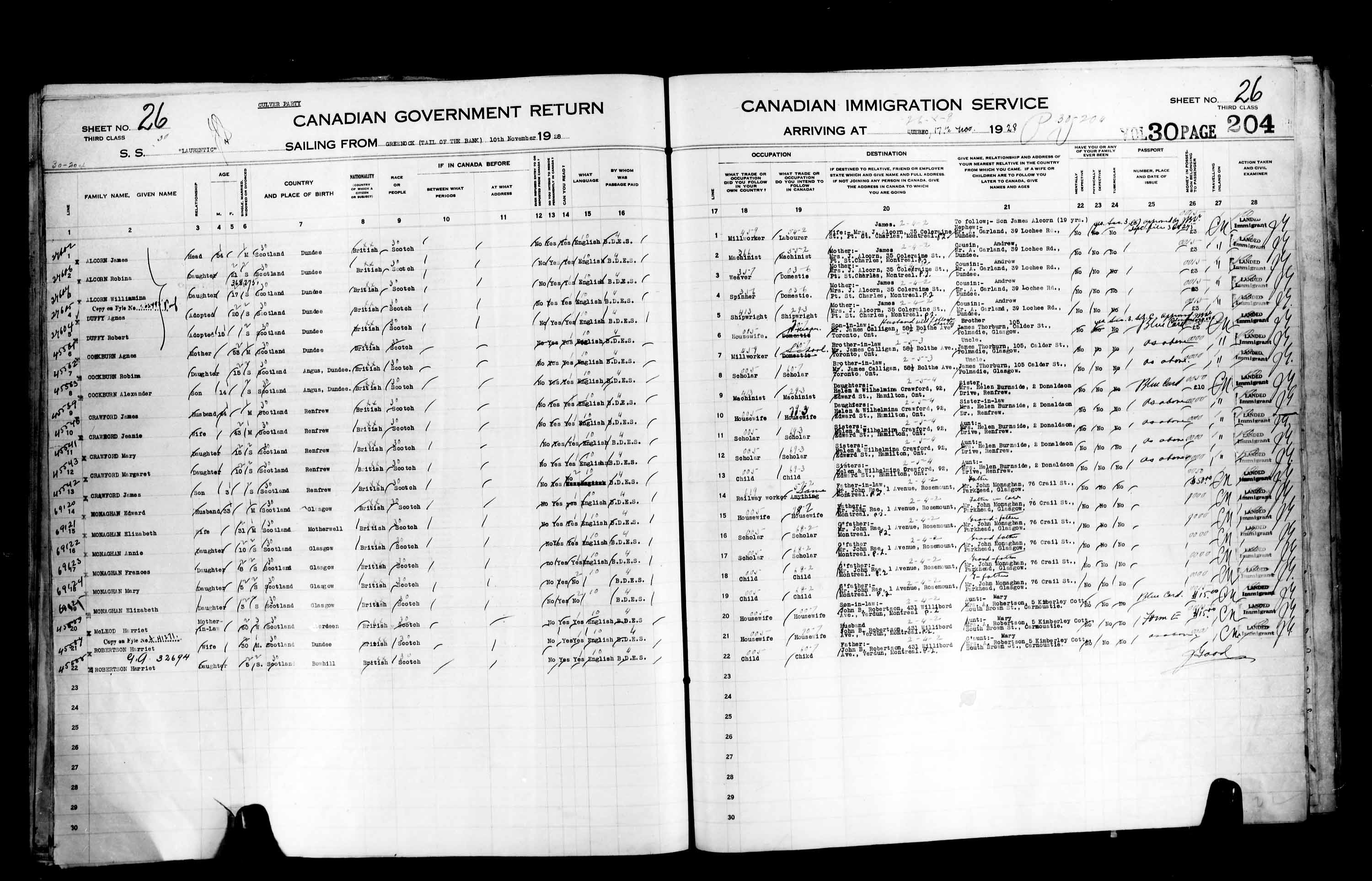 Titre : Listes de passagers : Ville de Qubec (1925-1935) - N d'enregistrement Mikan : 178851 - Microforme : t-14750