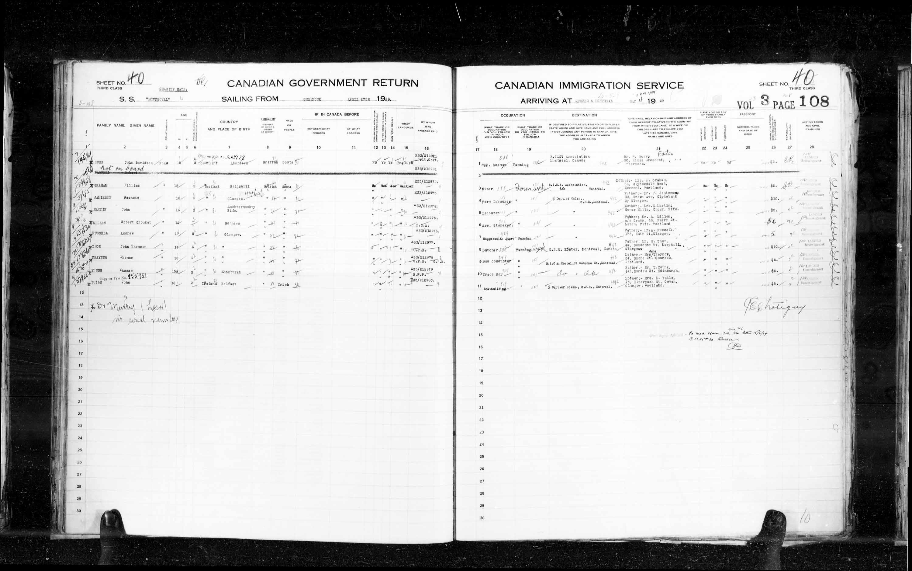 Titre : Listes de passagers : Ville de Qubec (1925-1935) - N d'enregistrement Mikan : 178851 - Microforme : t-14751