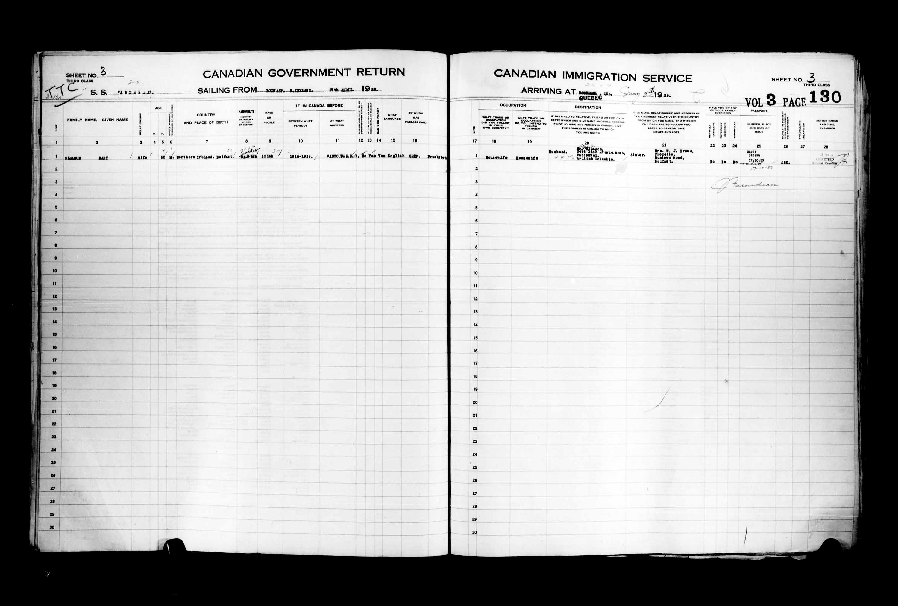 Titre : Listes de passagers : Ville de Qubec (1925-1935) - N d'enregistrement Mikan : 178851 - Microforme : t-14752