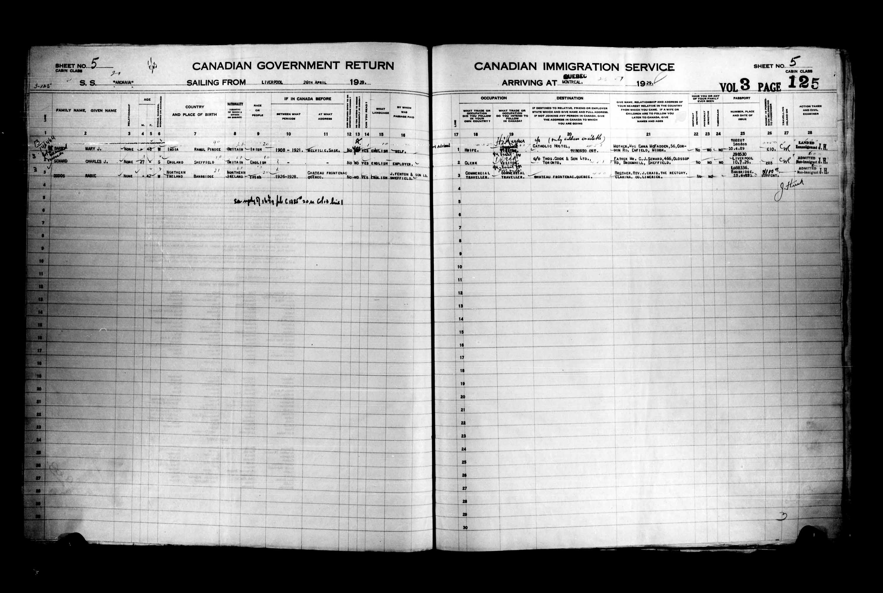 Titre : Listes de passagers : Ville de Qubec (1925-1935) - N d'enregistrement Mikan : 178851 - Microforme : t-14752