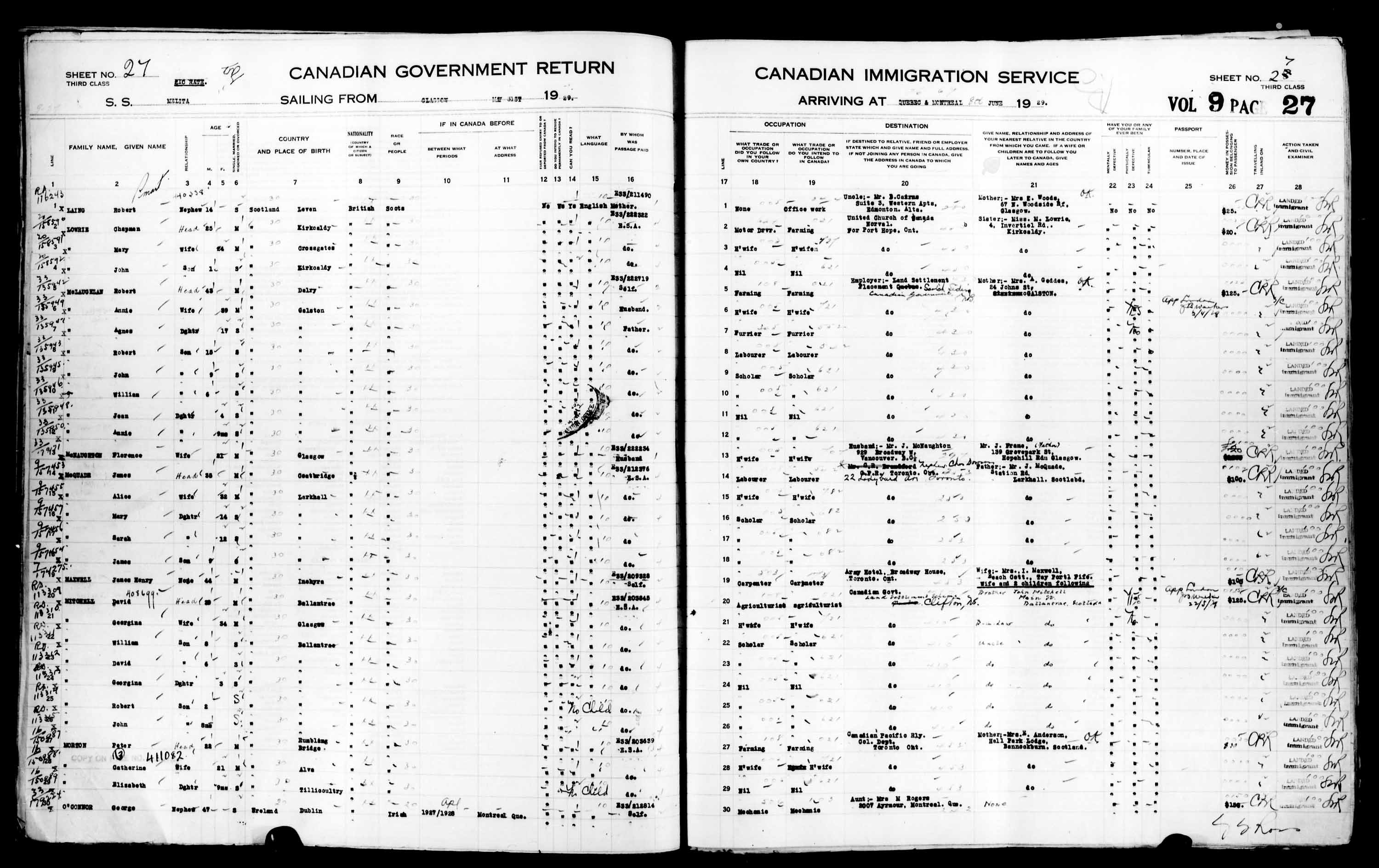 Titre : Listes de passagers : Ville de Qubec (1925-1935) - N d'enregistrement Mikan : 178851 - Microforme : t-14753