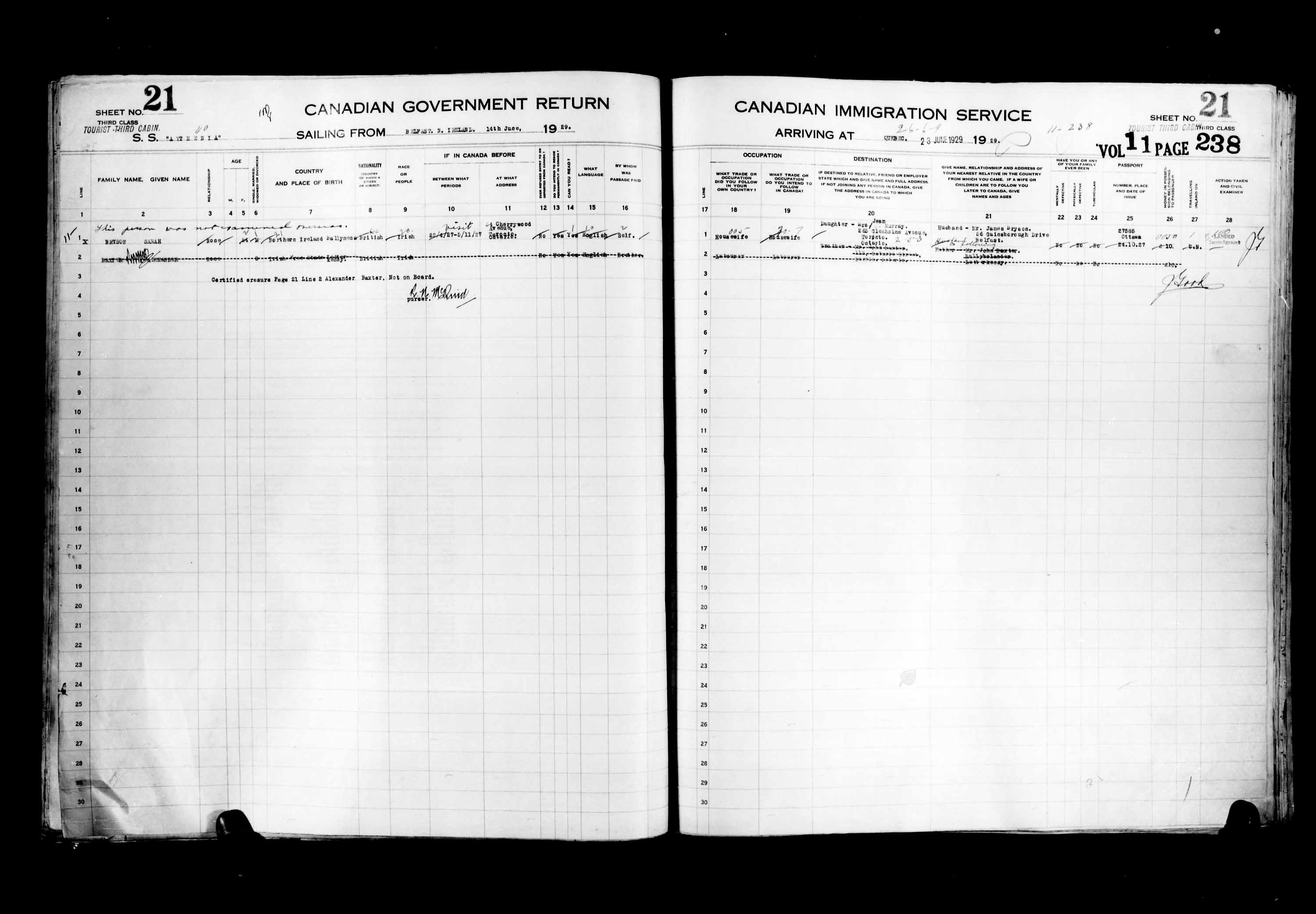 Titre : Listes de passagers : Ville de Qubec (1925-1935) - N d'enregistrement Mikan : 178851 - Microforme : t-14754