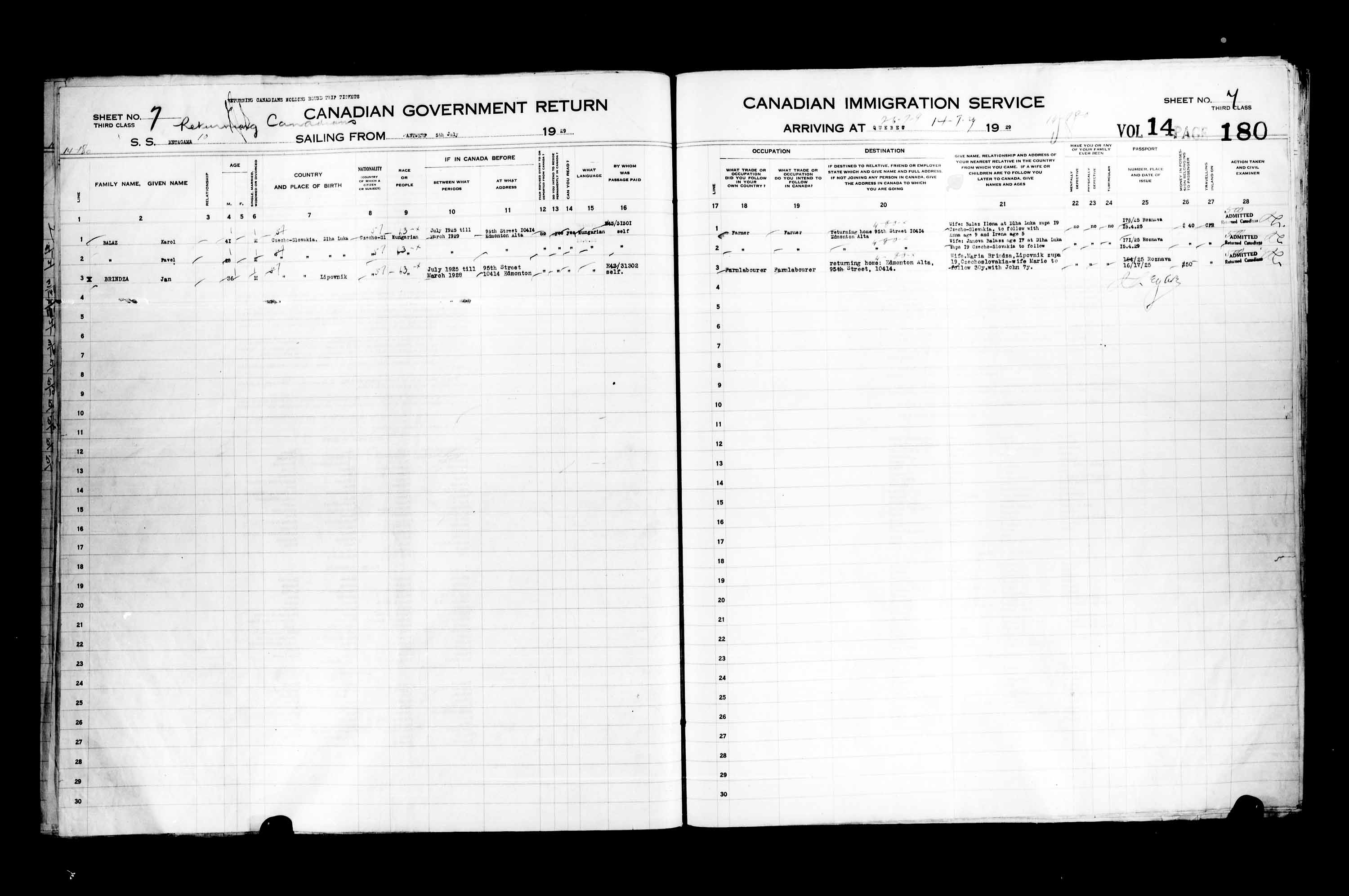 Title: Passenger Lists: Quebec City (1925-1935) - Mikan Number: 134839 - Microform: t-14756