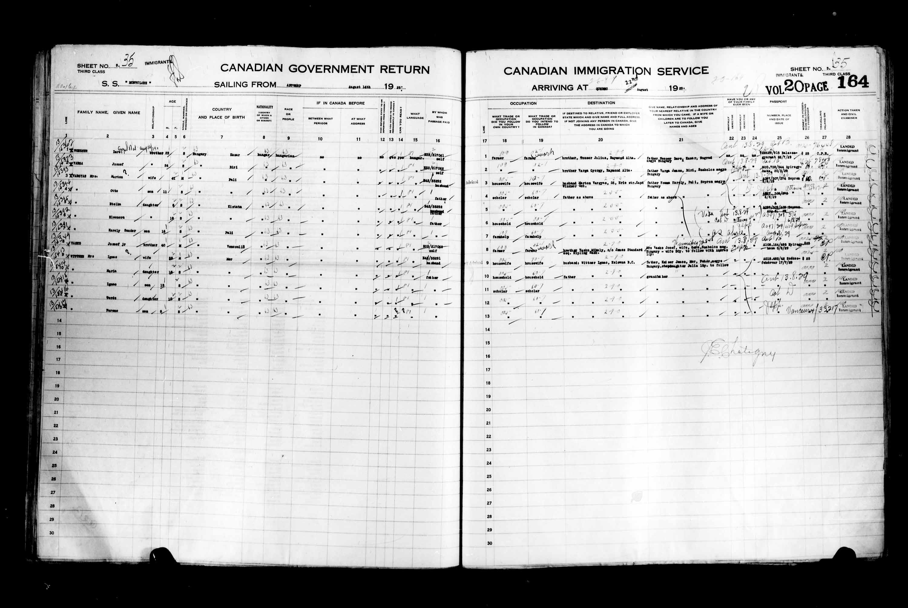 Titre : Listes de passagers : Ville de Qubec (1925-1935) - N d'enregistrement Mikan : 178851 - Microforme : t-14757