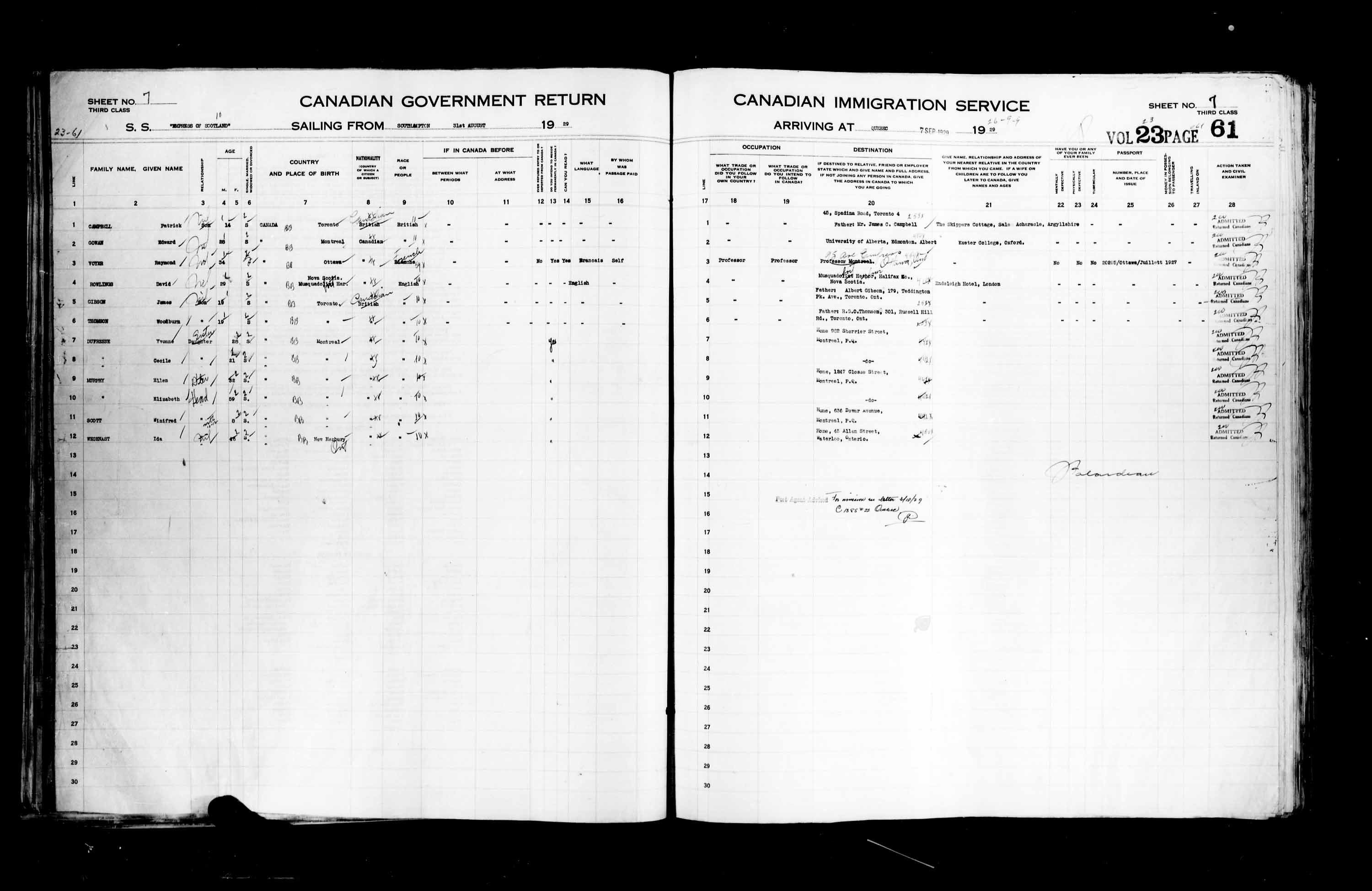 Titre : Listes de passagers : Ville de Qubec (1925-1935) - N d'enregistrement Mikan : 178851 - Microforme : t-14758