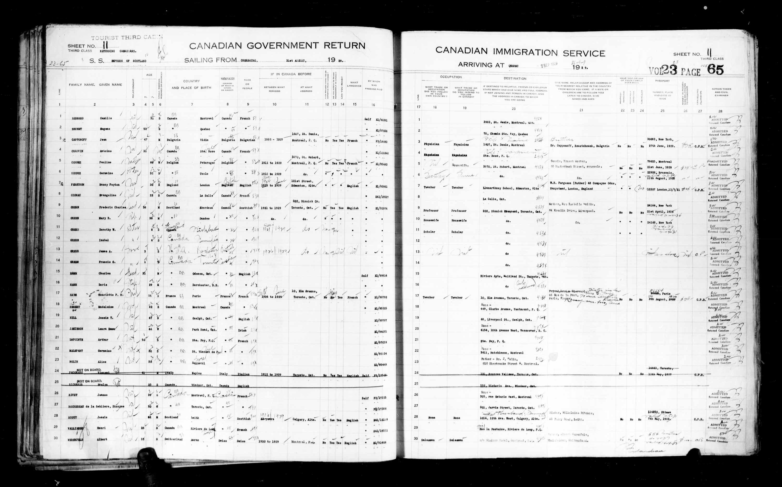 Titre : Listes de passagers : Ville de Qubec (1925-1935) - N d'enregistrement Mikan : 178851 - Microforme : t-14759