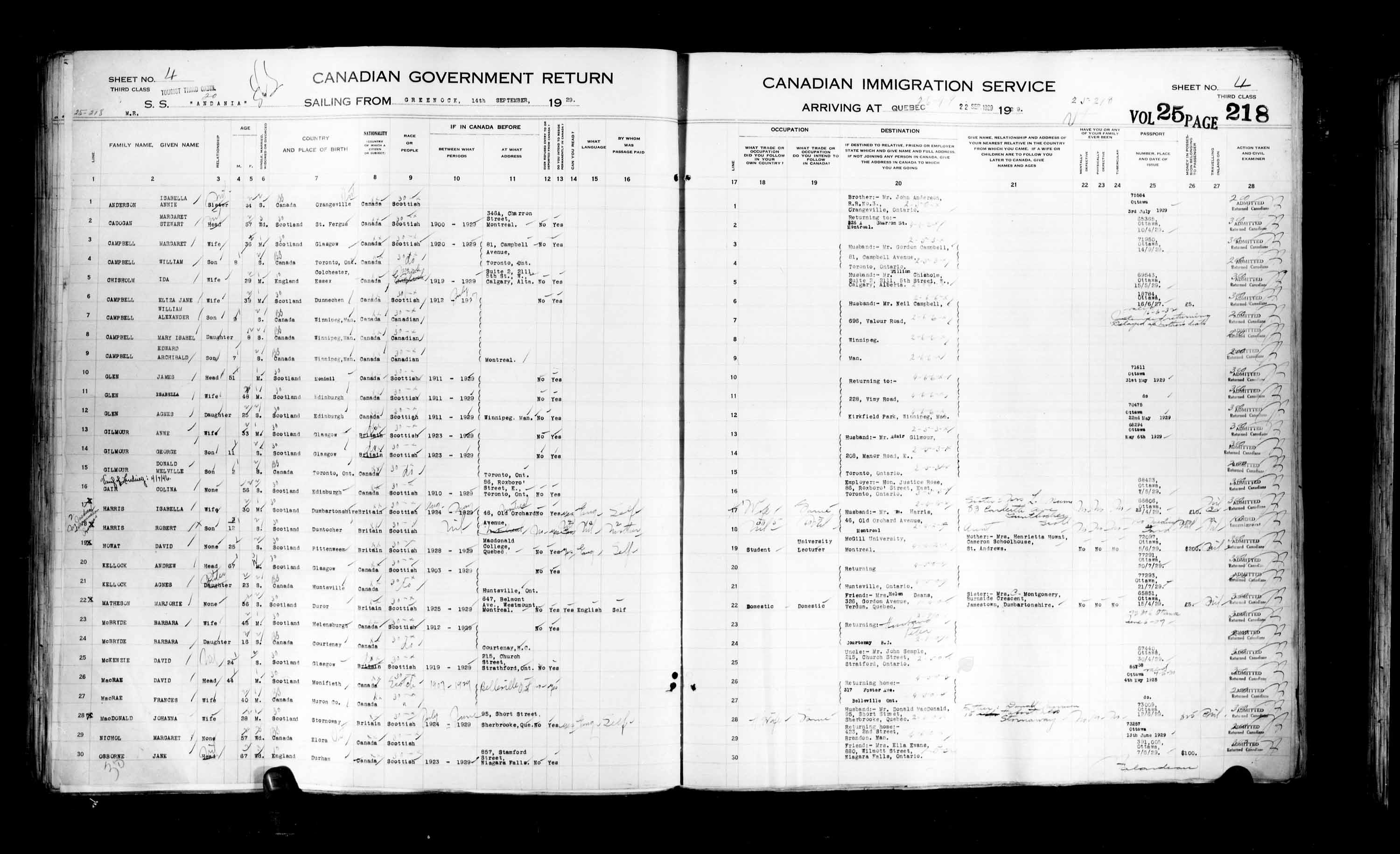 Titre : Listes de passagers : Ville de Qubec (1925-1935) - N d'enregistrement Mikan : 178851 - Microforme : t-14759
