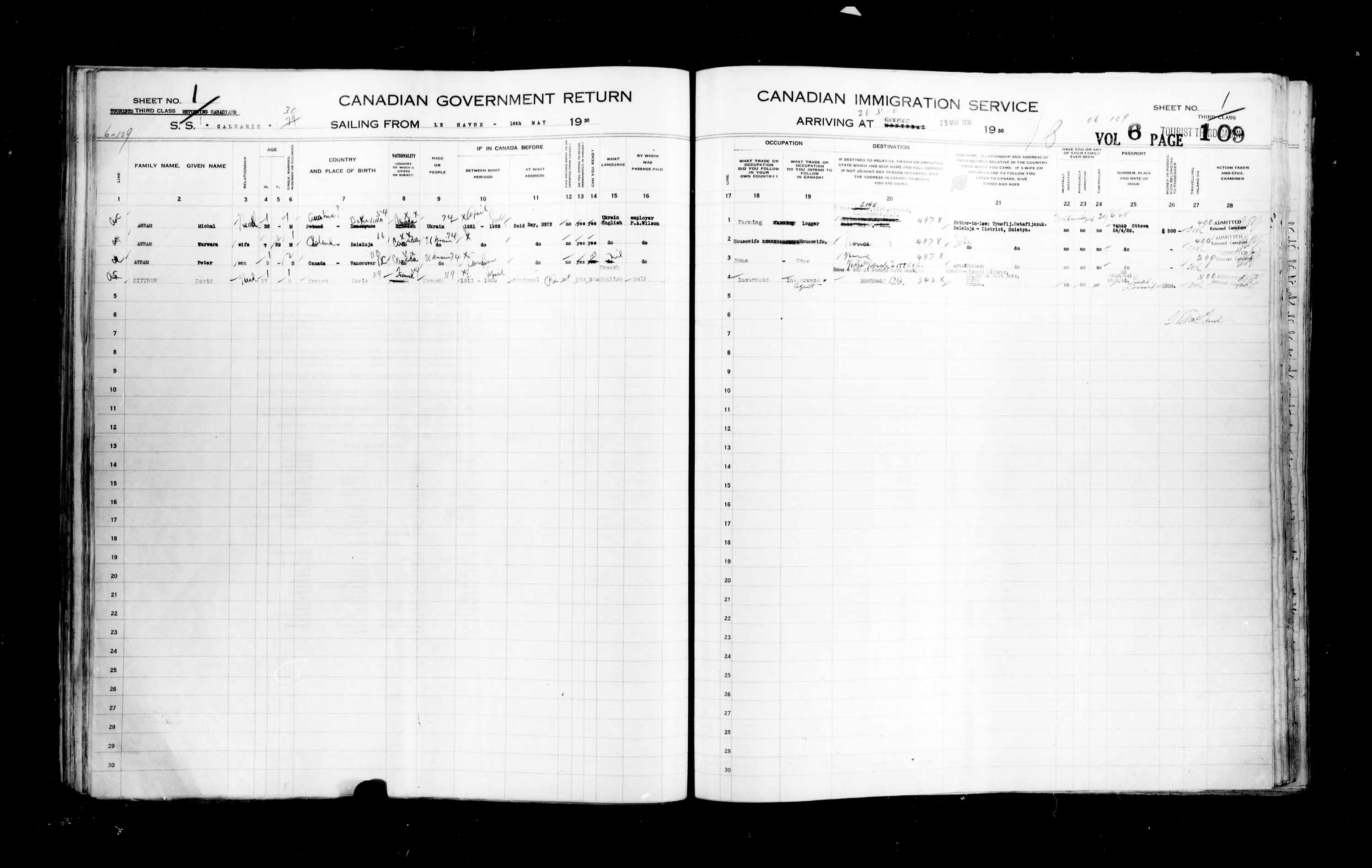 Titre : Listes de passagers : Ville de Qubec (1925-1935) - N d'enregistrement Mikan : 178851 - Microforme : t-14763