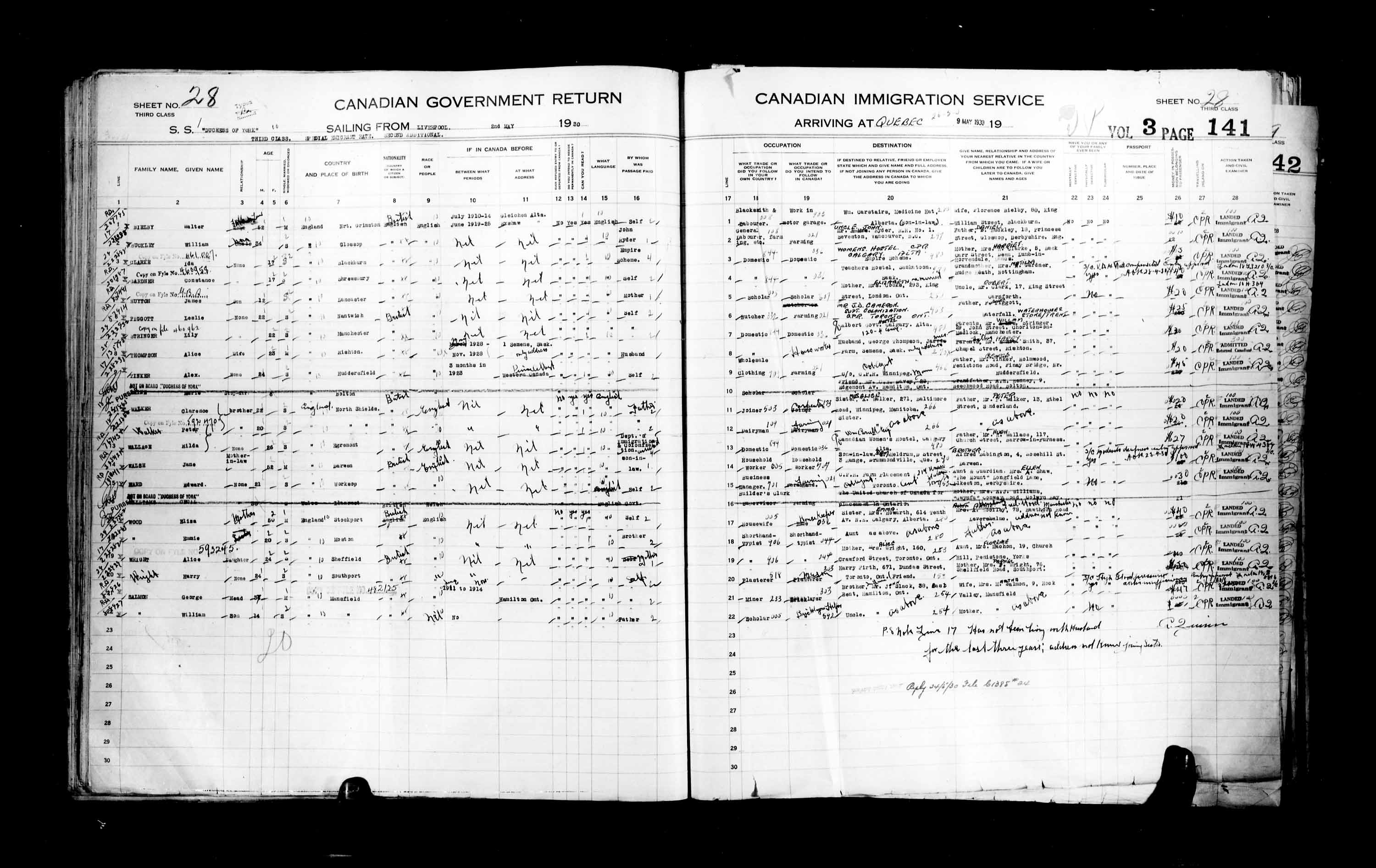 Title: Passenger Lists: Quebec City (1925-1935) - Mikan Number: 134839 - Microform: t-14763
