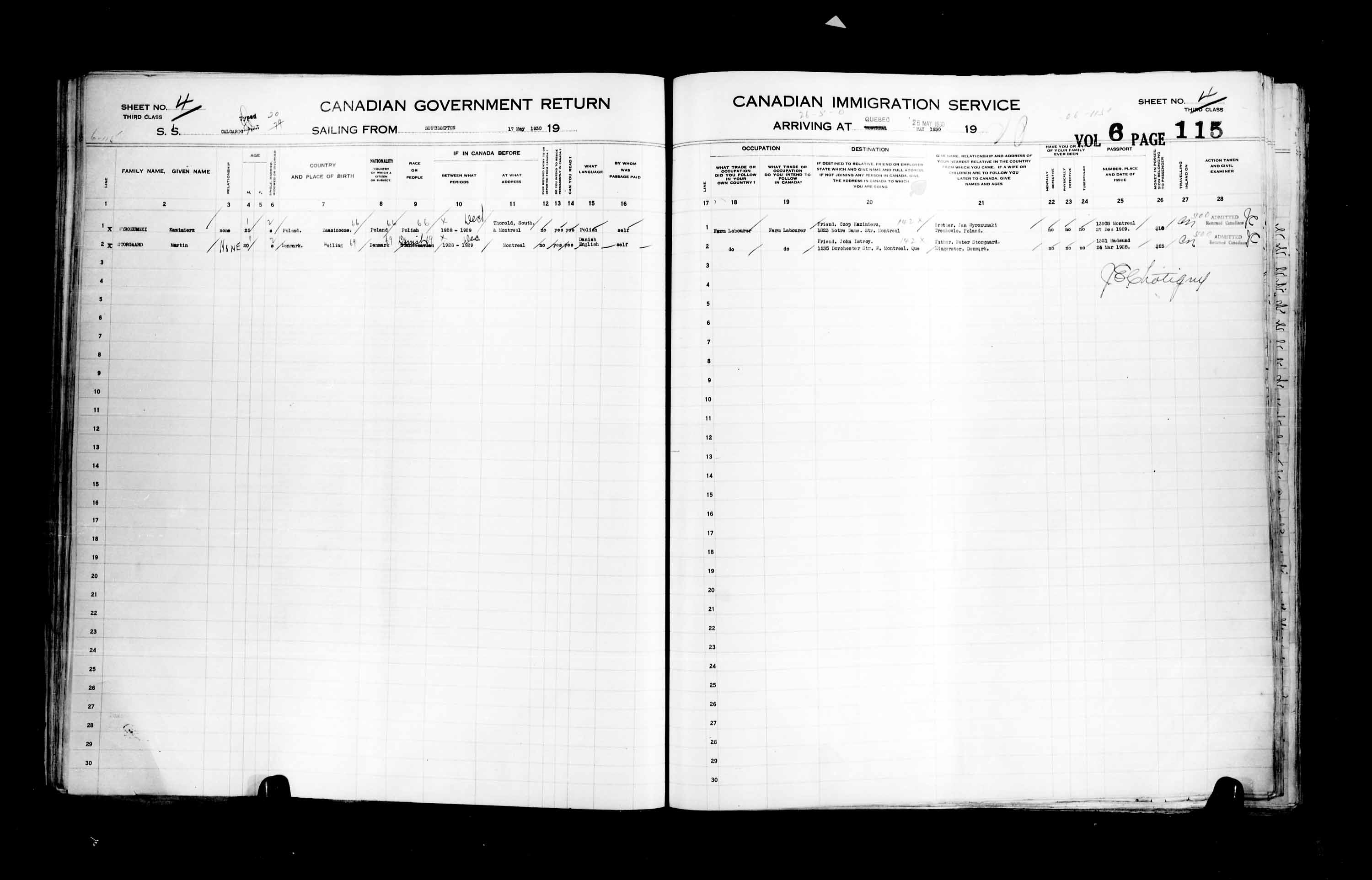 Titre : Listes de passagers : Ville de Qubec (1925-1935) - N d'enregistrement Mikan : 178851 - Microforme : t-14764