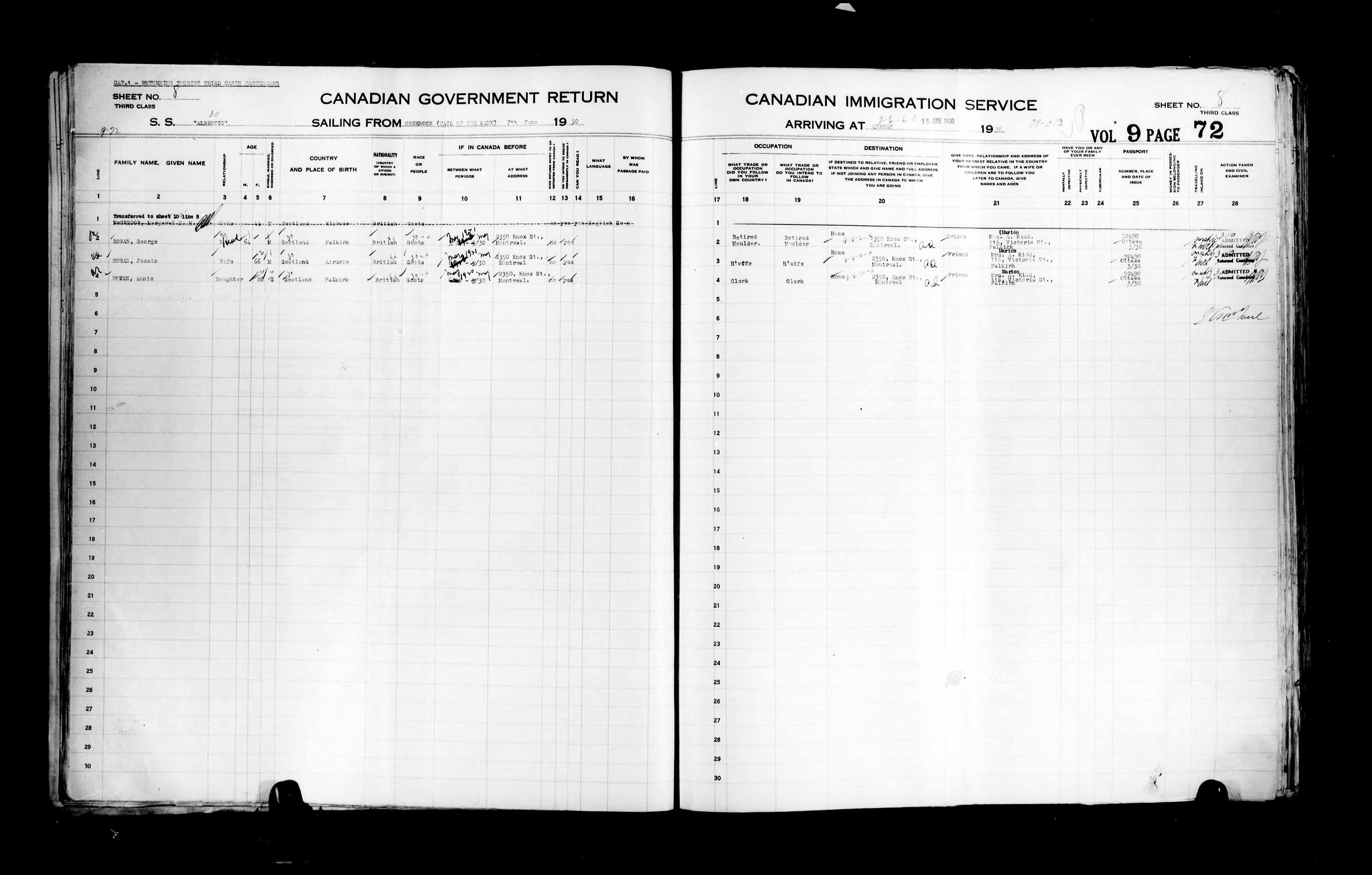 Titre : Listes de passagers : Ville de Qubec (1925-1935) - N d'enregistrement Mikan : 178851 - Microforme : t-14764