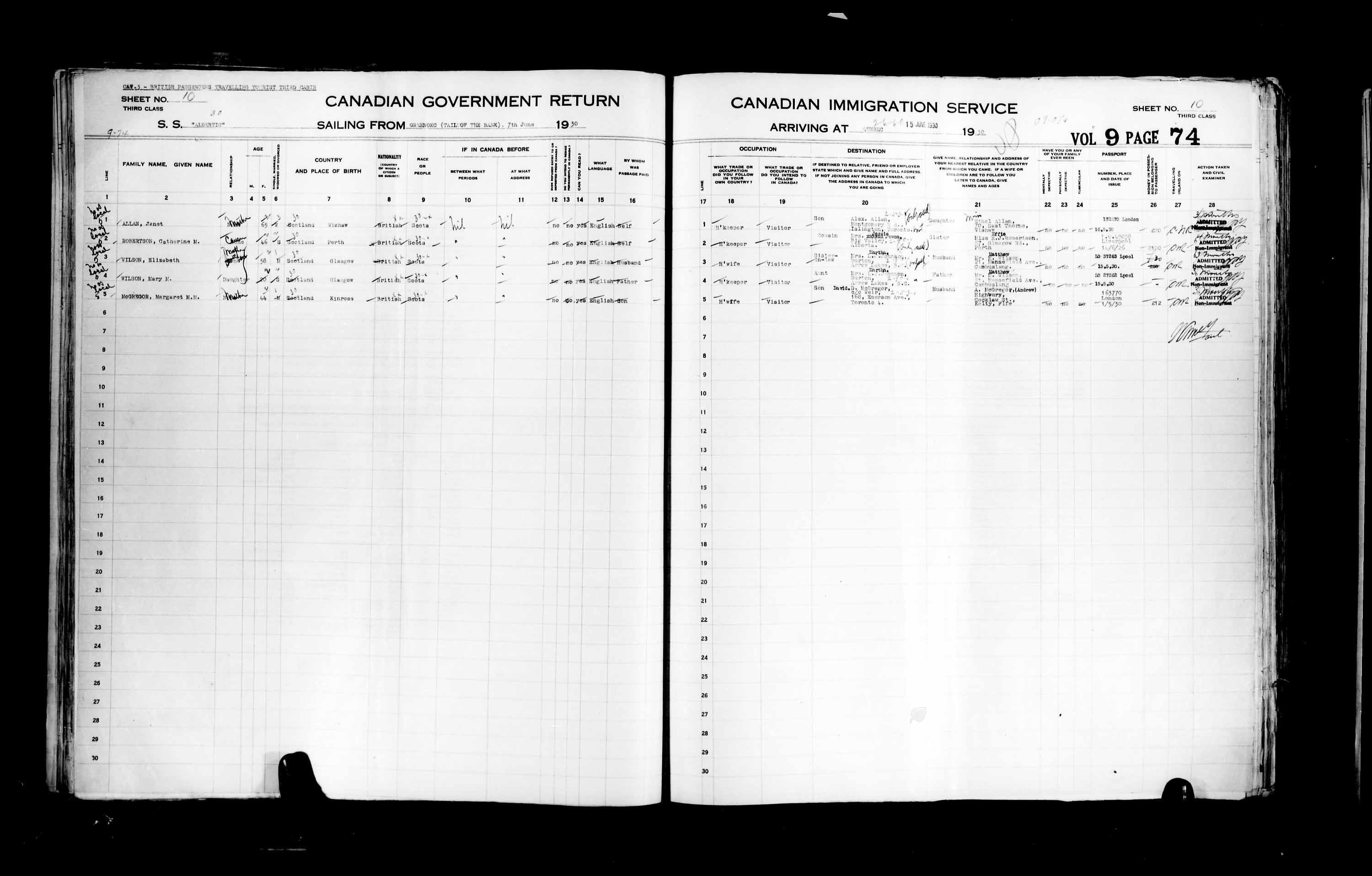 Titre : Listes de passagers : Ville de Qubec (1925-1935) - N d'enregistrement Mikan : 178851 - Microforme : t-14764