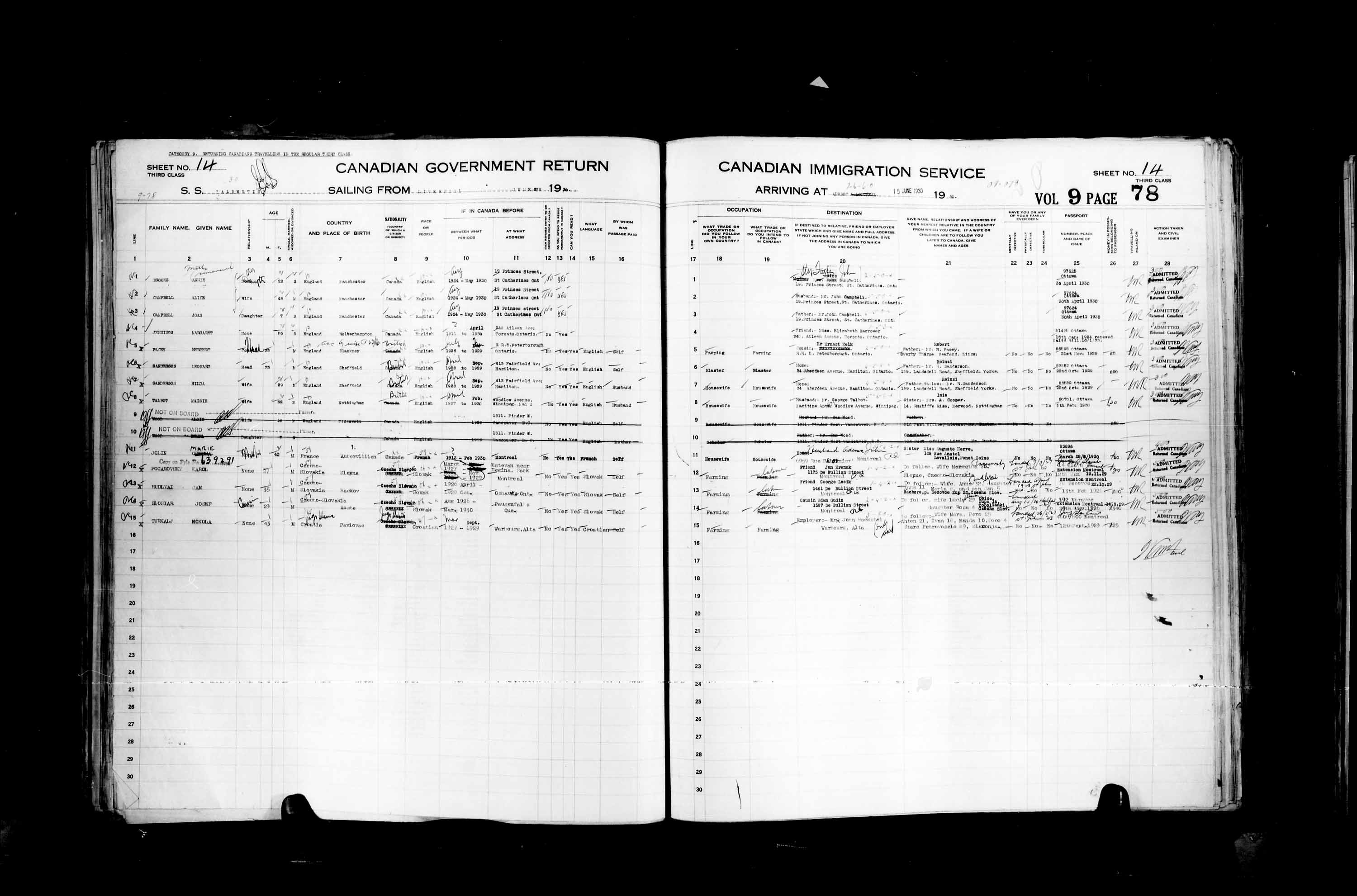 Titre : Listes de passagers : Ville de Qubec (1925-1935) - N d'enregistrement Mikan : 178851 - Microforme : t-14765