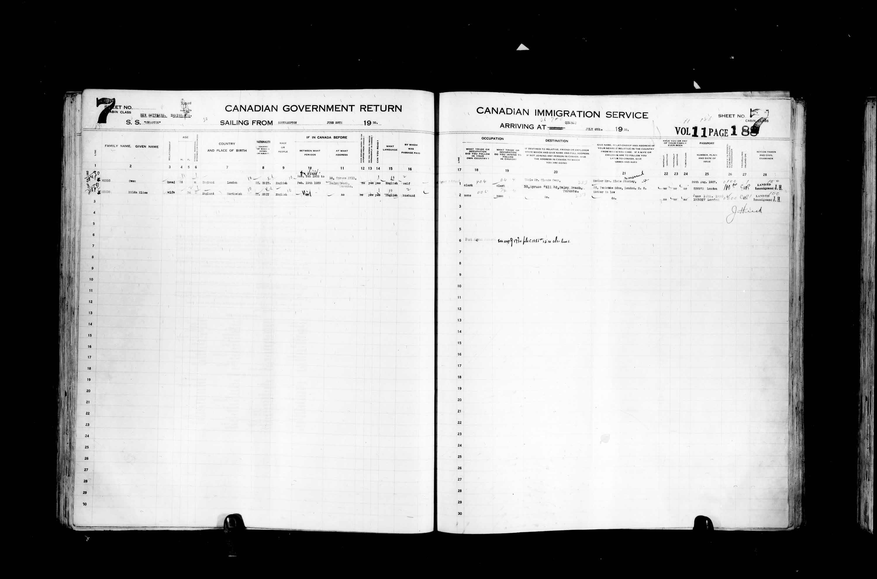 Titre : Listes de passagers : Ville de Qubec (1925-1935) - N d'enregistrement Mikan : 178851 - Microforme : t-14765