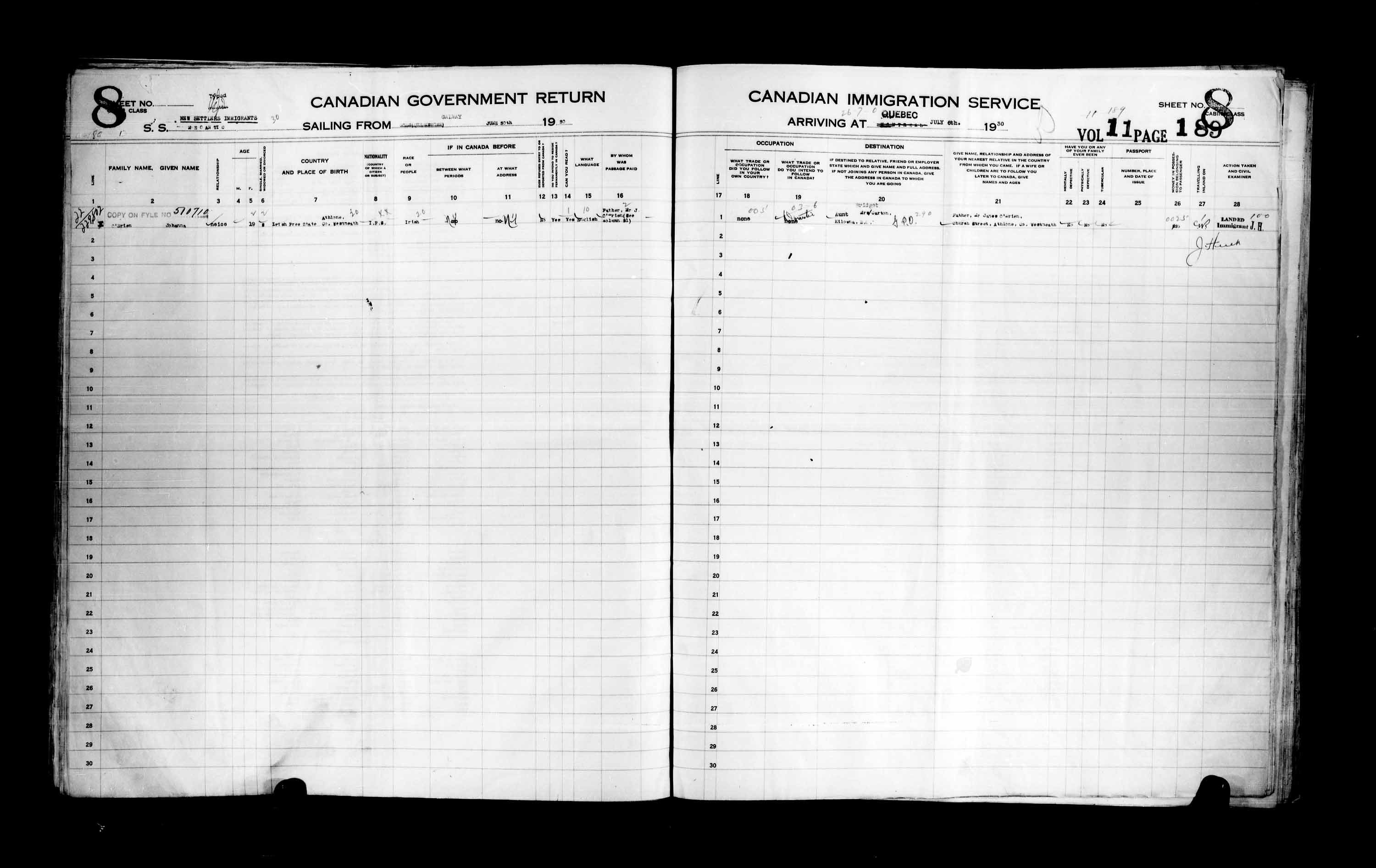Titre : Listes de passagers : Ville de Qubec (1925-1935) - N d'enregistrement Mikan : 178851 - Microforme : t-14766
