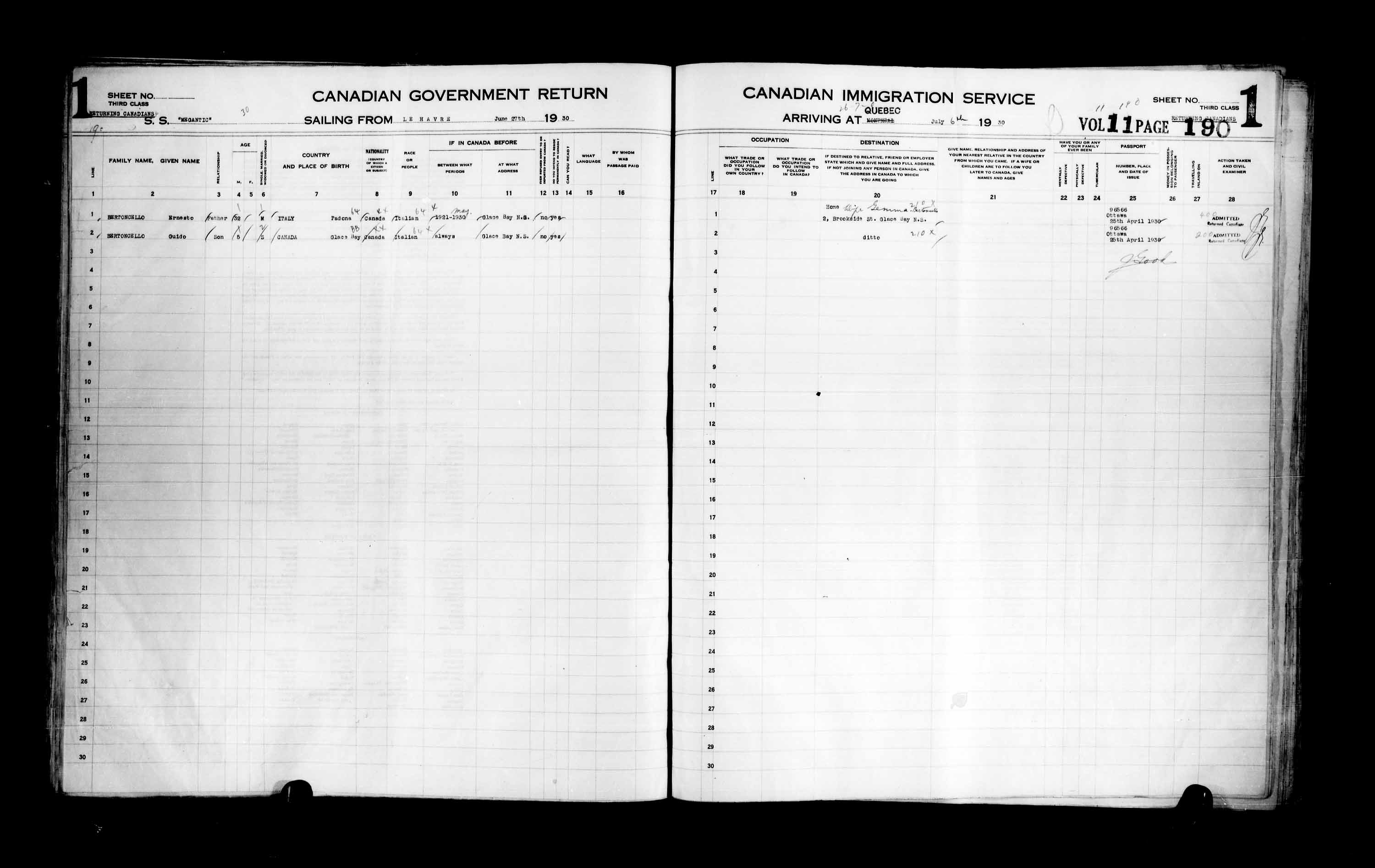 Titre : Listes de passagers : Ville de Qubec (1925-1935) - N d'enregistrement Mikan : 178851 - Microforme : t-14766