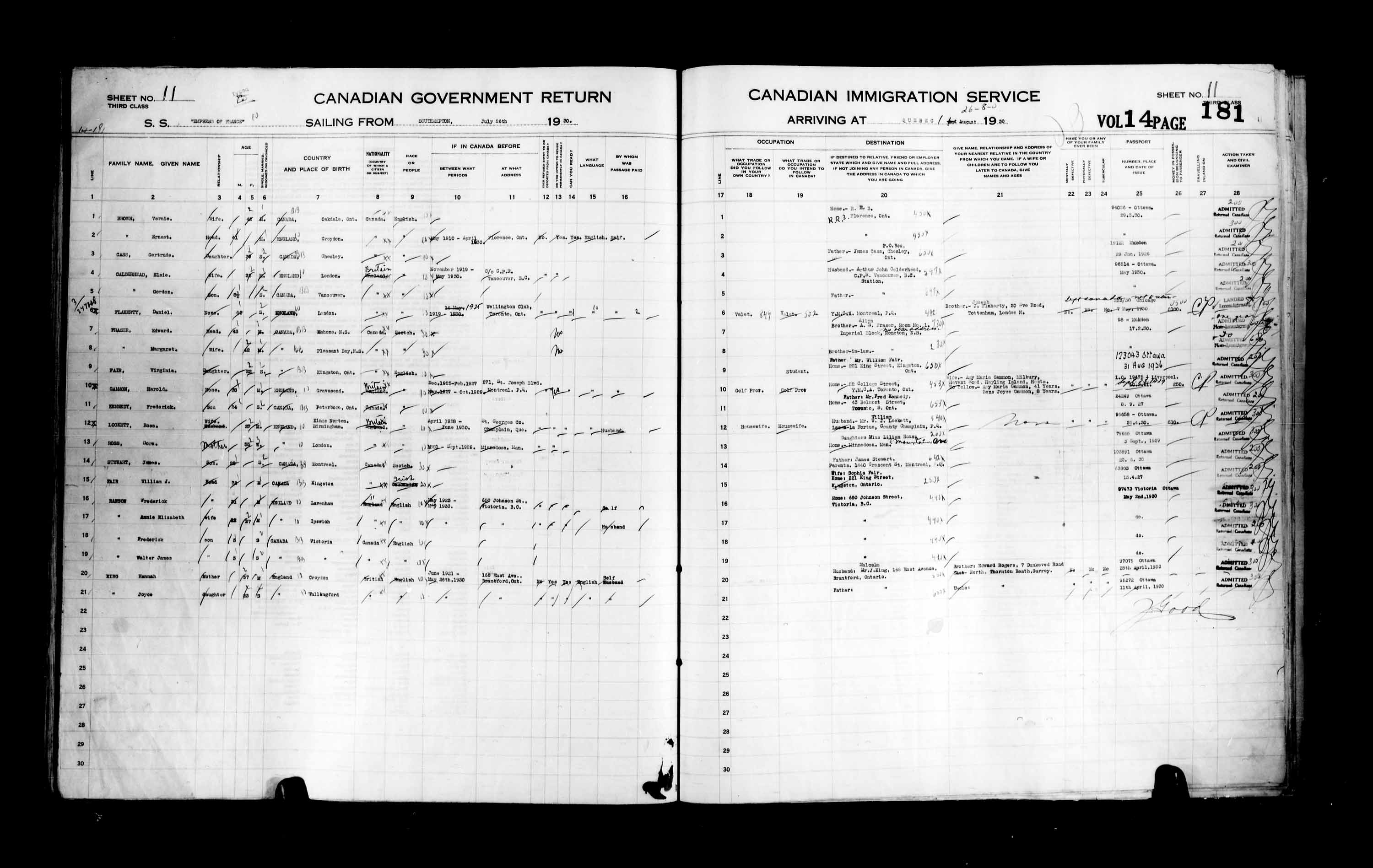 Title: Passenger Lists: Quebec City (1925-1935) - Mikan Number: 134839 - Microform: t-14766