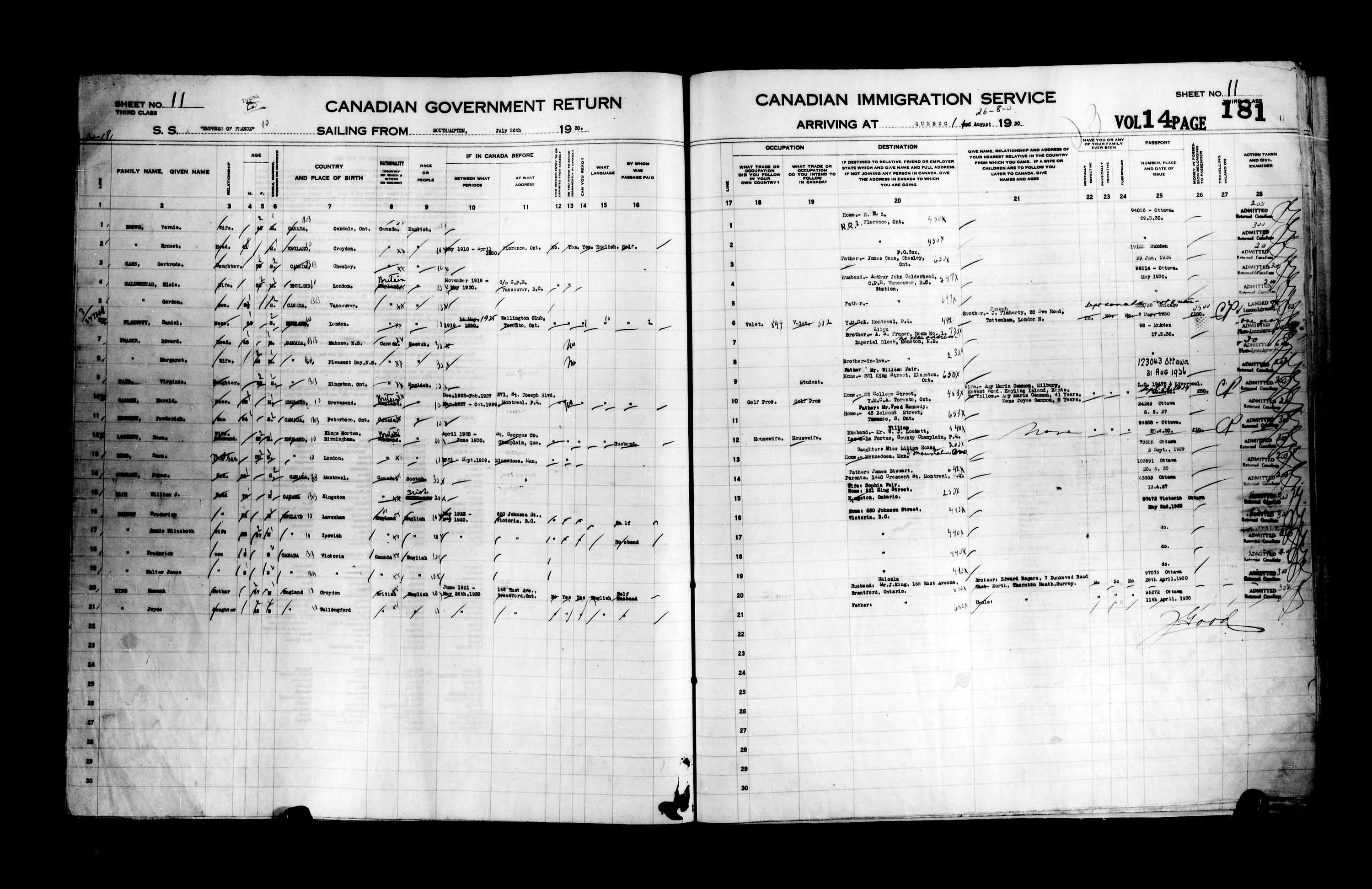Titre : Listes de passagers : Ville de Québec (1925-1935) - N° d'enregistrement Mikan : 178851 - Microforme : t-14767