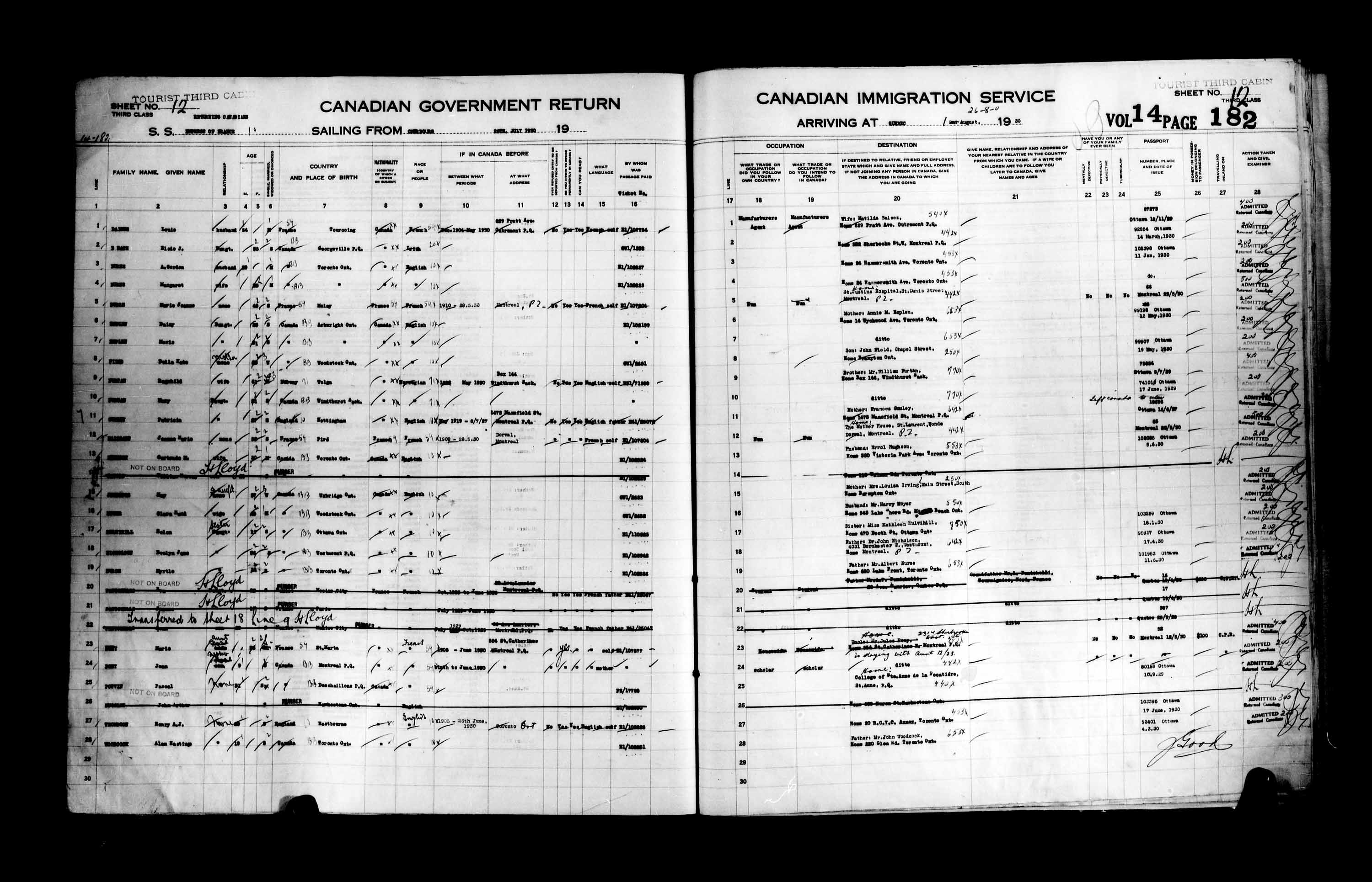 Titre : Listes de passagers : Ville de Qubec (1925-1935) - N d'enregistrement Mikan : 178851 - Microforme : t-14767