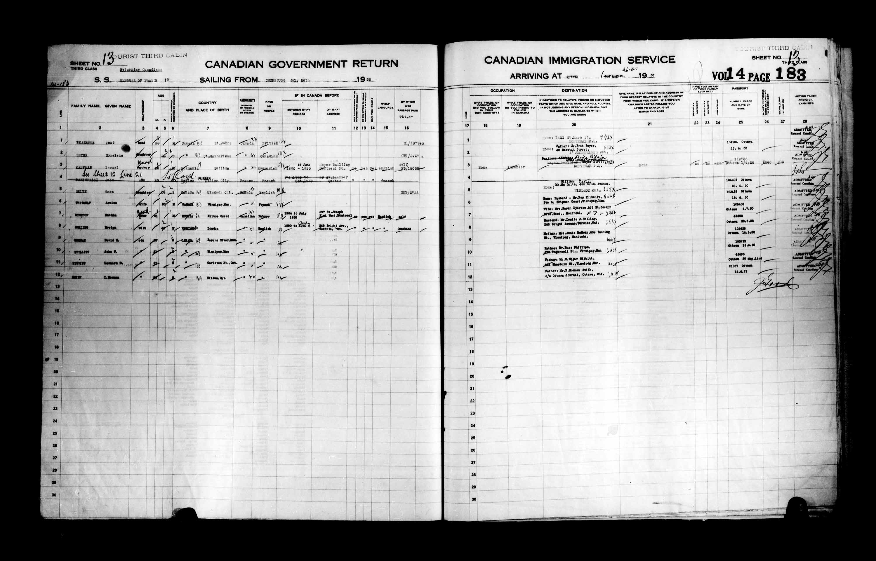 Titre : Listes de passagers : Ville de Qubec (1925-1935) - N d'enregistrement Mikan : 178851 - Microforme : t-14767