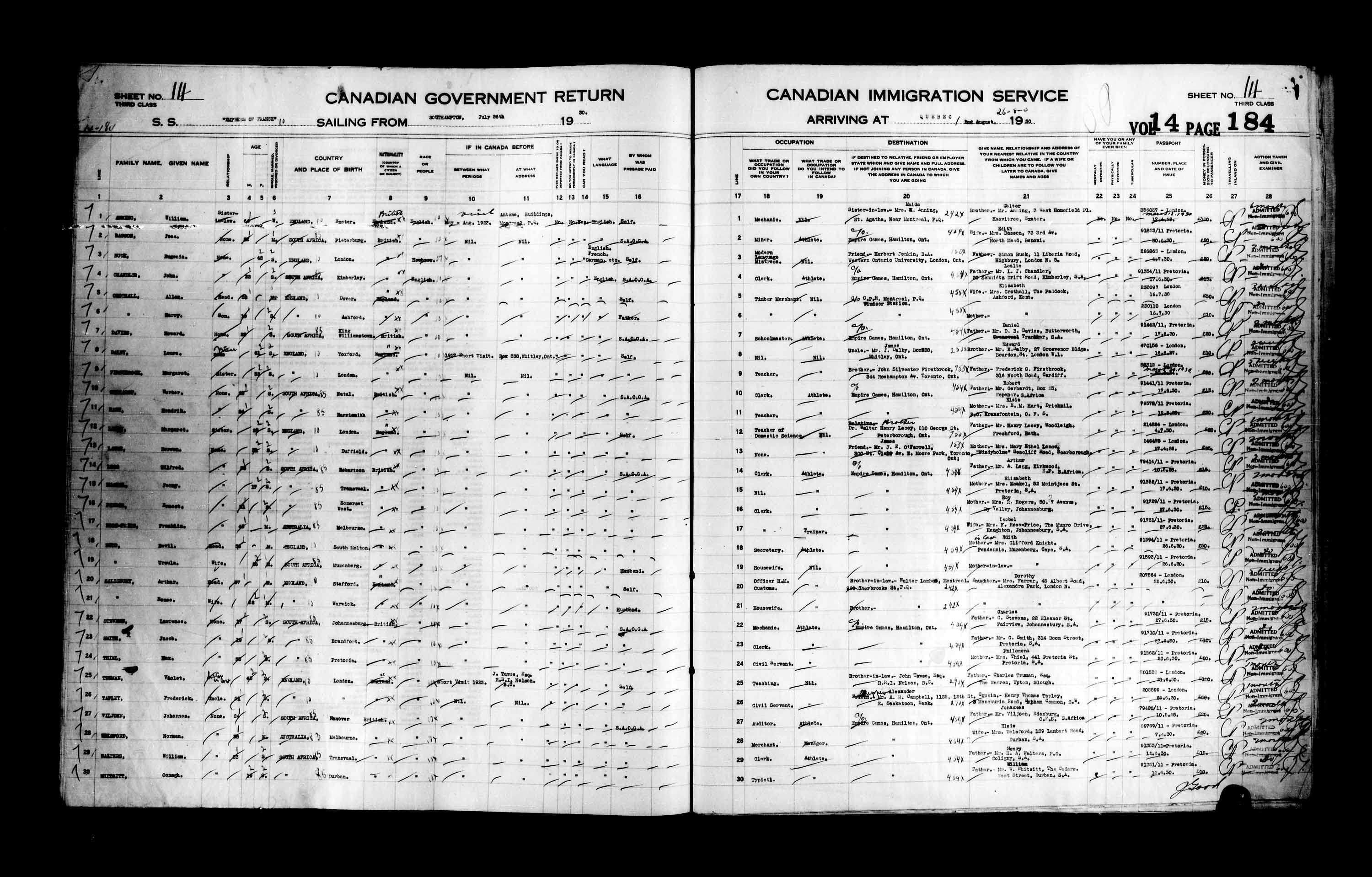 Titre : Listes de passagers : Ville de Qubec (1925-1935) - N d'enregistrement Mikan : 178851 - Microforme : t-14767