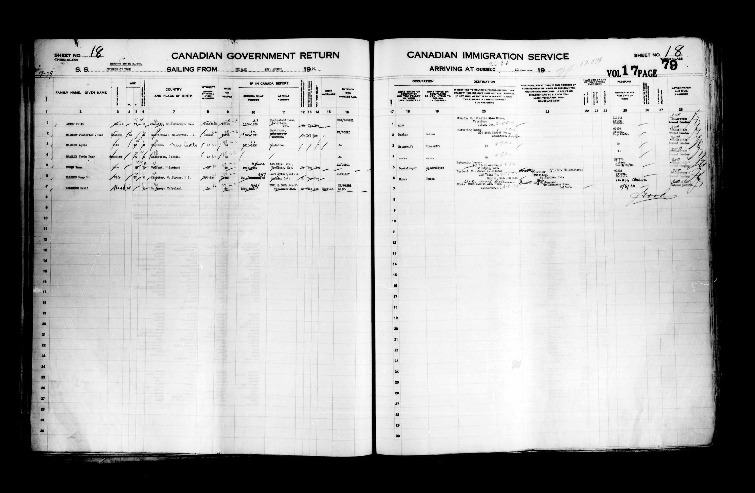 Titre : Listes de passagers : Ville de Québec (1925-1935) - N° d'enregistrement Mikan : 178851 - Microforme : t-14768