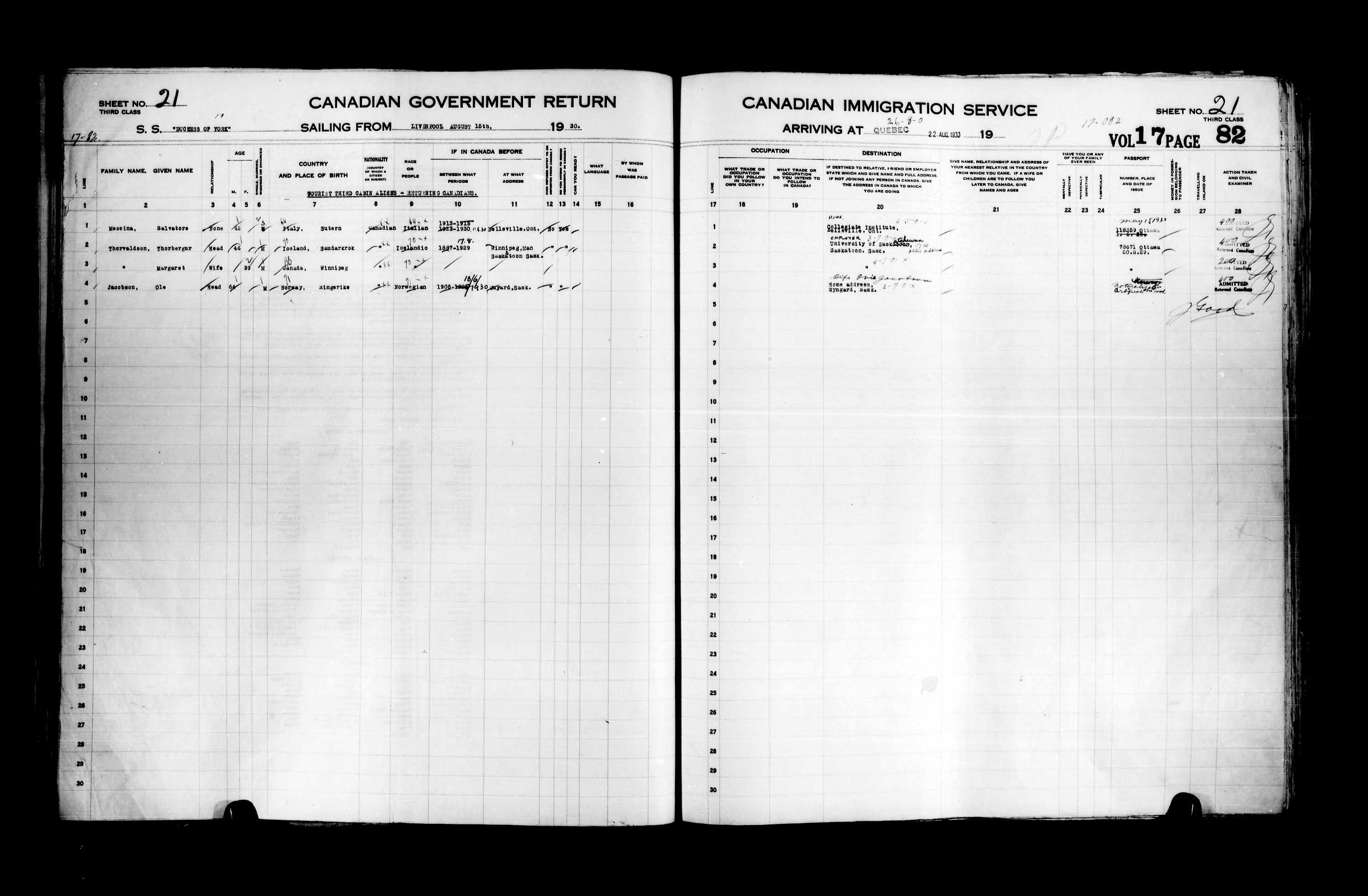 Titre : Listes de passagers : Ville de Qubec (1925-1935) - N d'enregistrement Mikan : 178851 - Microforme : t-14768