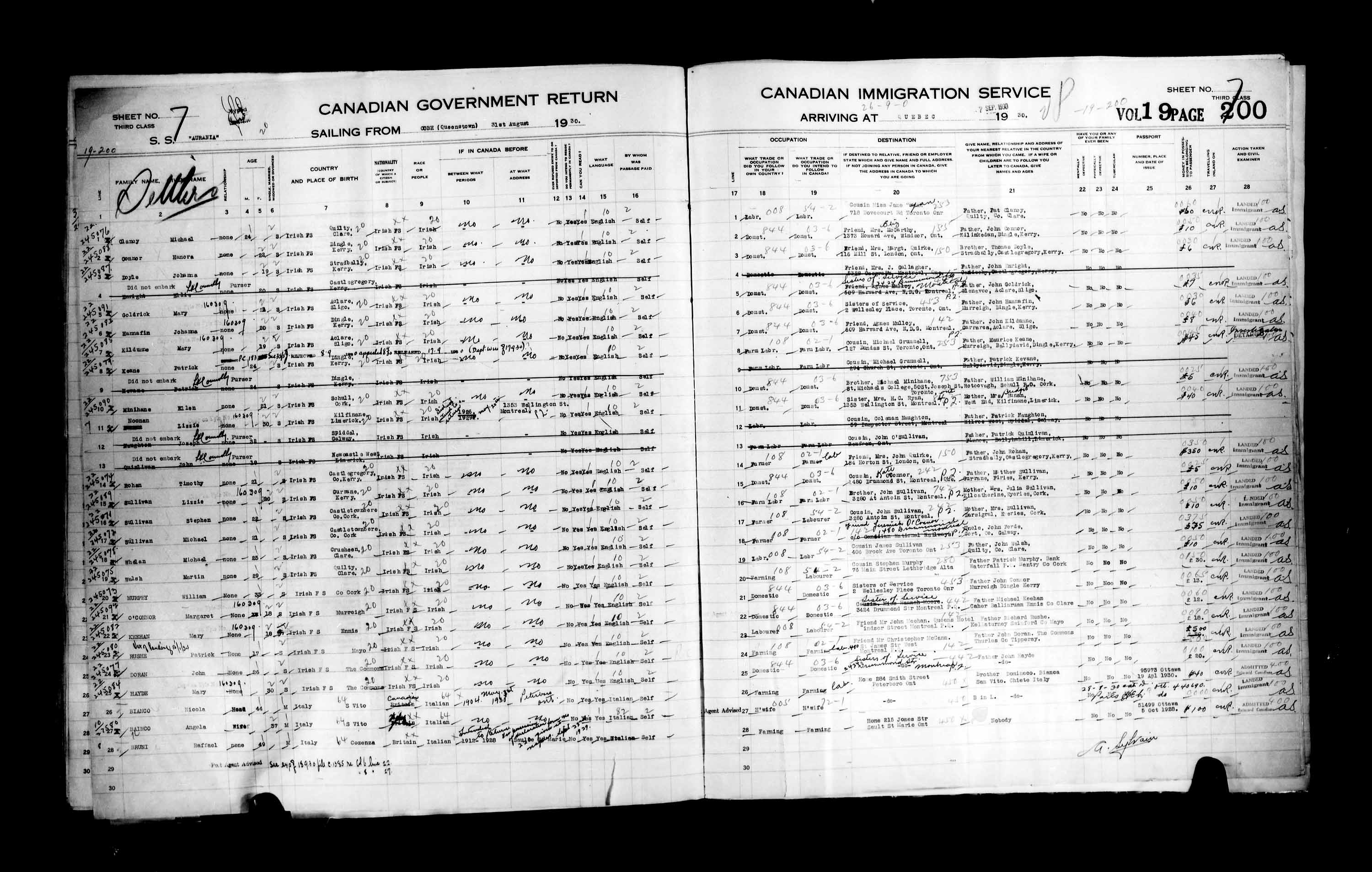 Titre : Listes de passagers : Ville de Qubec (1925-1935) - N d'enregistrement Mikan : 178851 - Microforme : t-14768