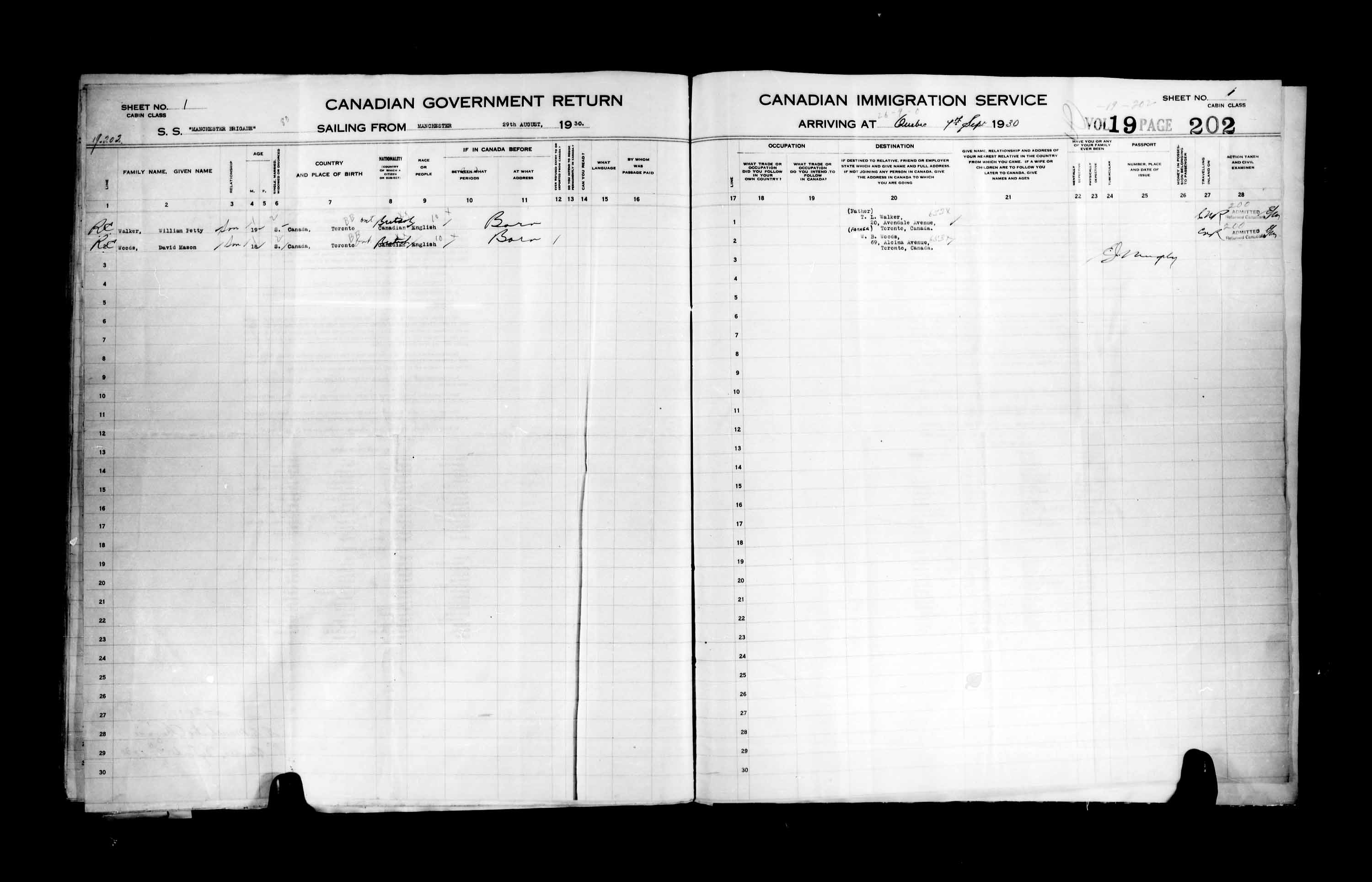 Titre : Listes de passagers : Ville de Qubec (1925-1935) - N d'enregistrement Mikan : 178851 - Microforme : t-14768