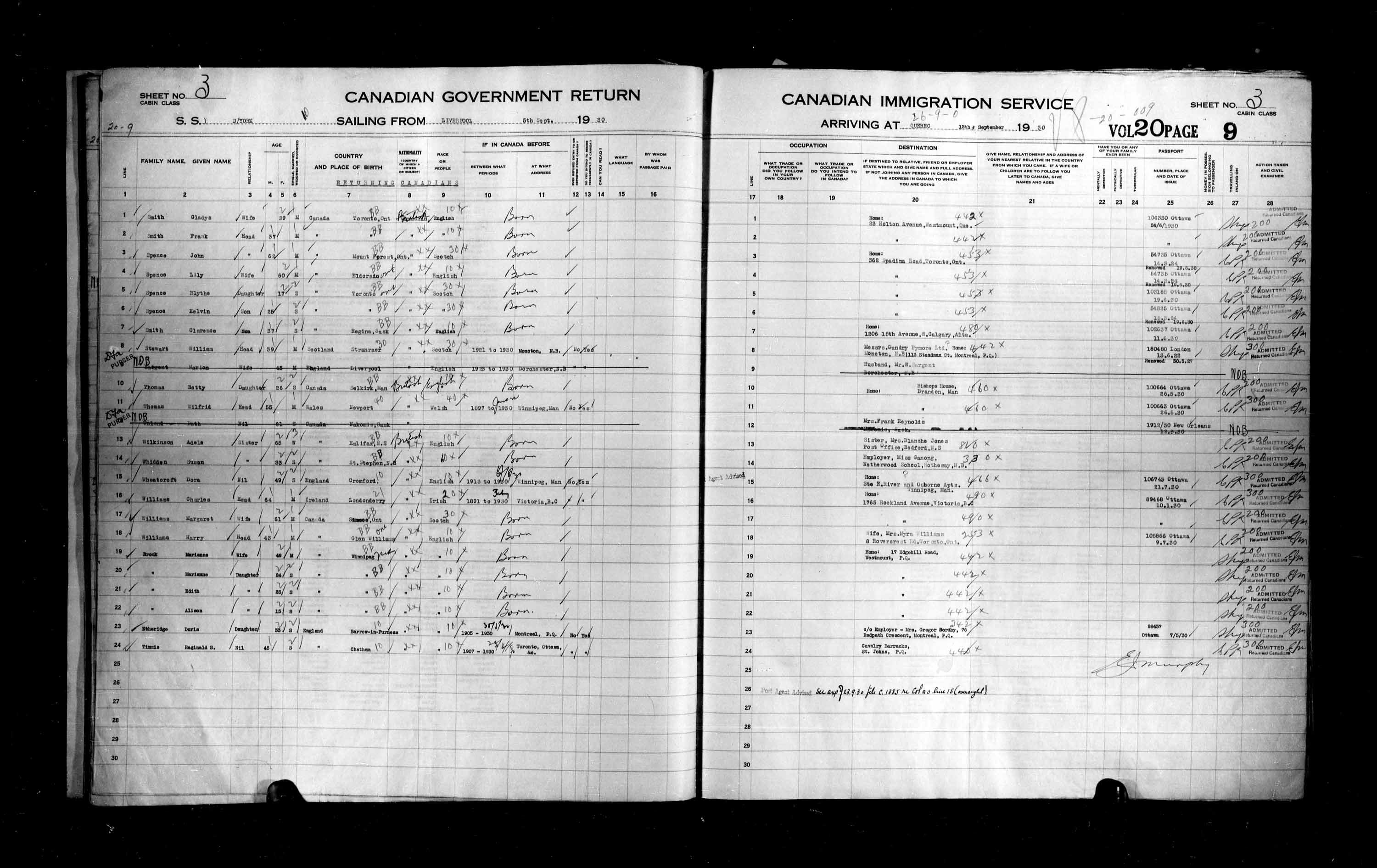 Titre : Listes de passagers : Ville de Qubec (1925-1935) - N d'enregistrement Mikan : 178851 - Microforme : t-14769